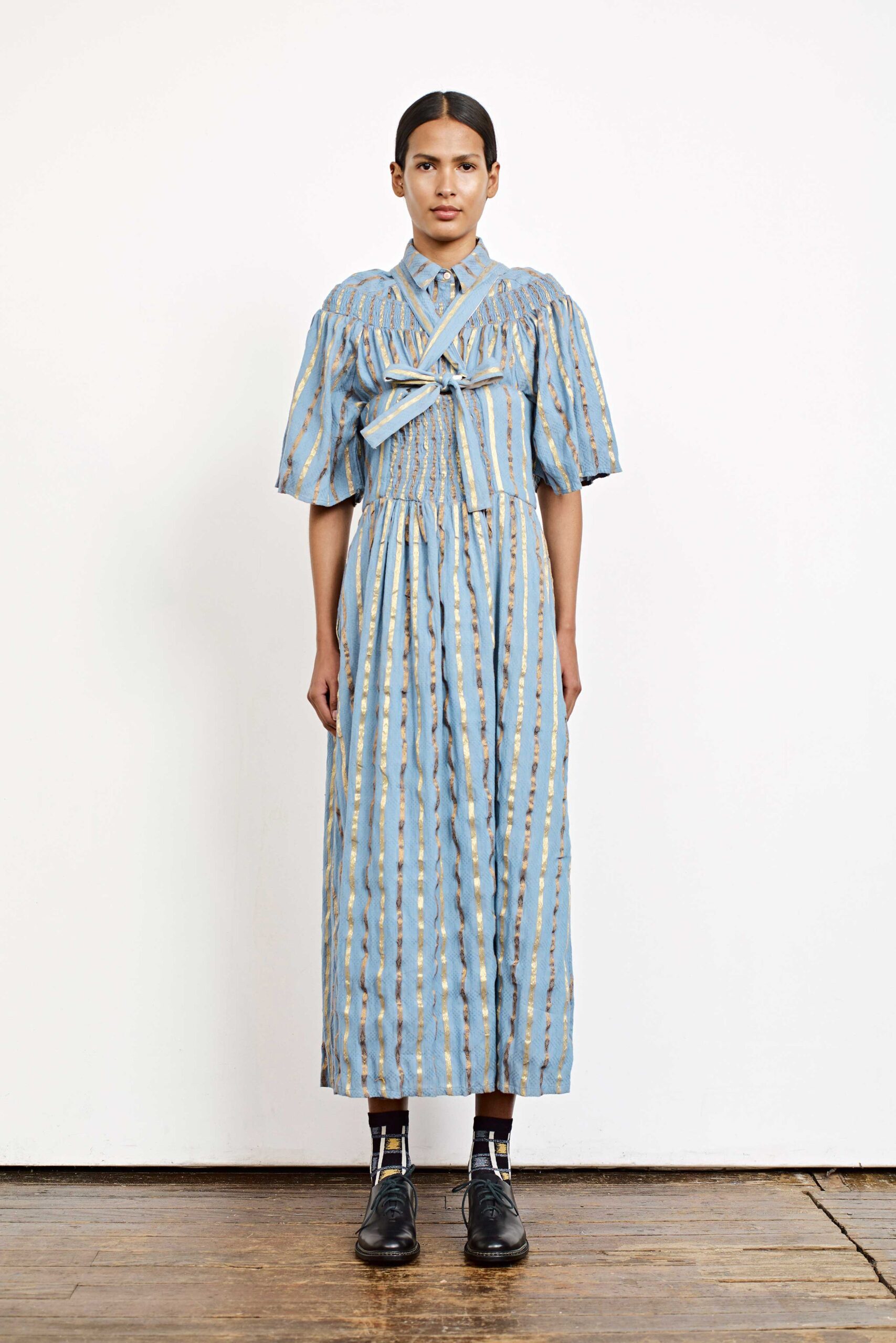 blue pleated maxi dress