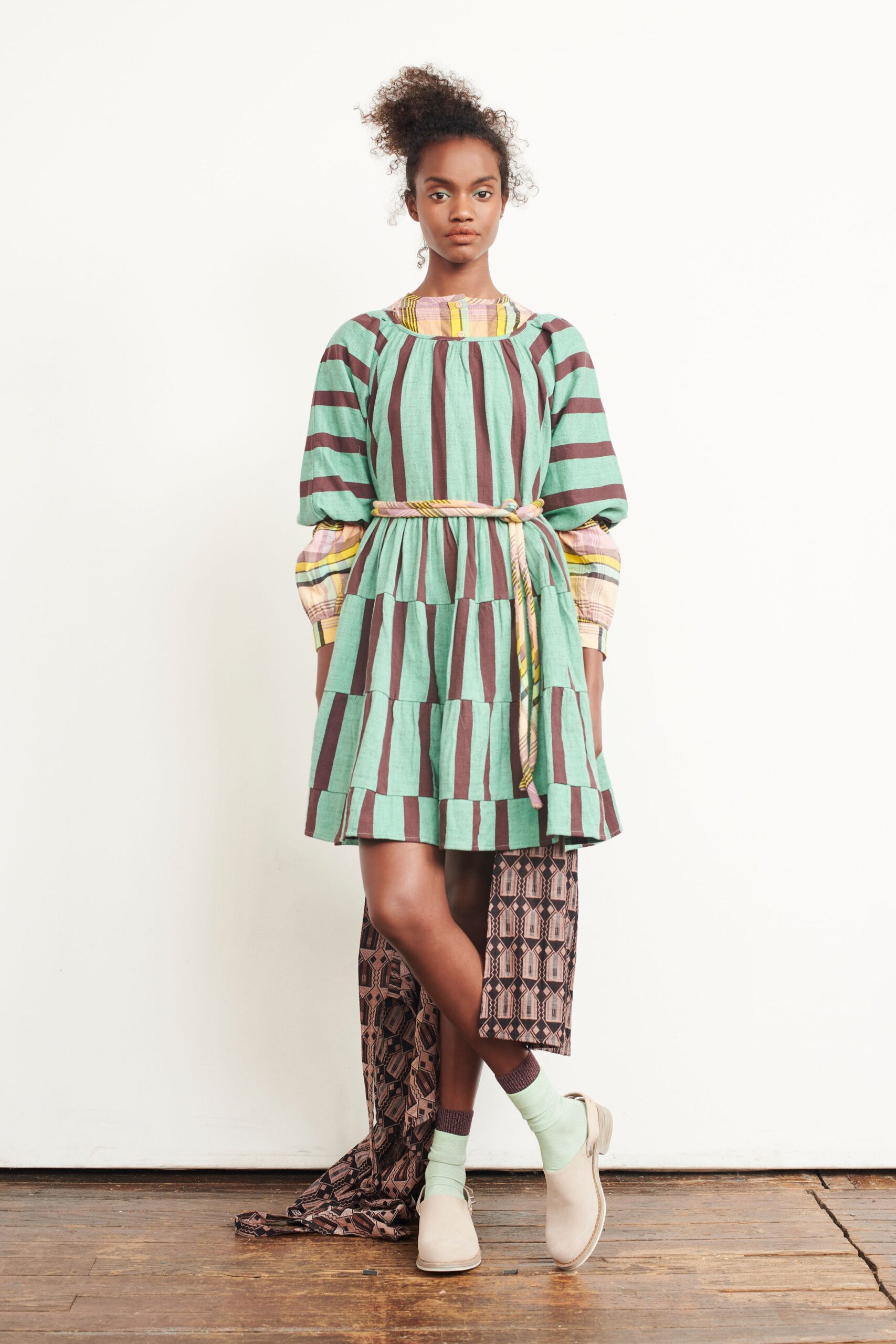 green and brown striped dress