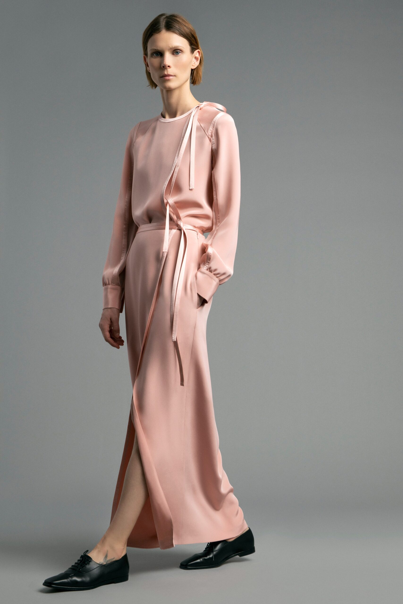 fitted pink silk maxi dress