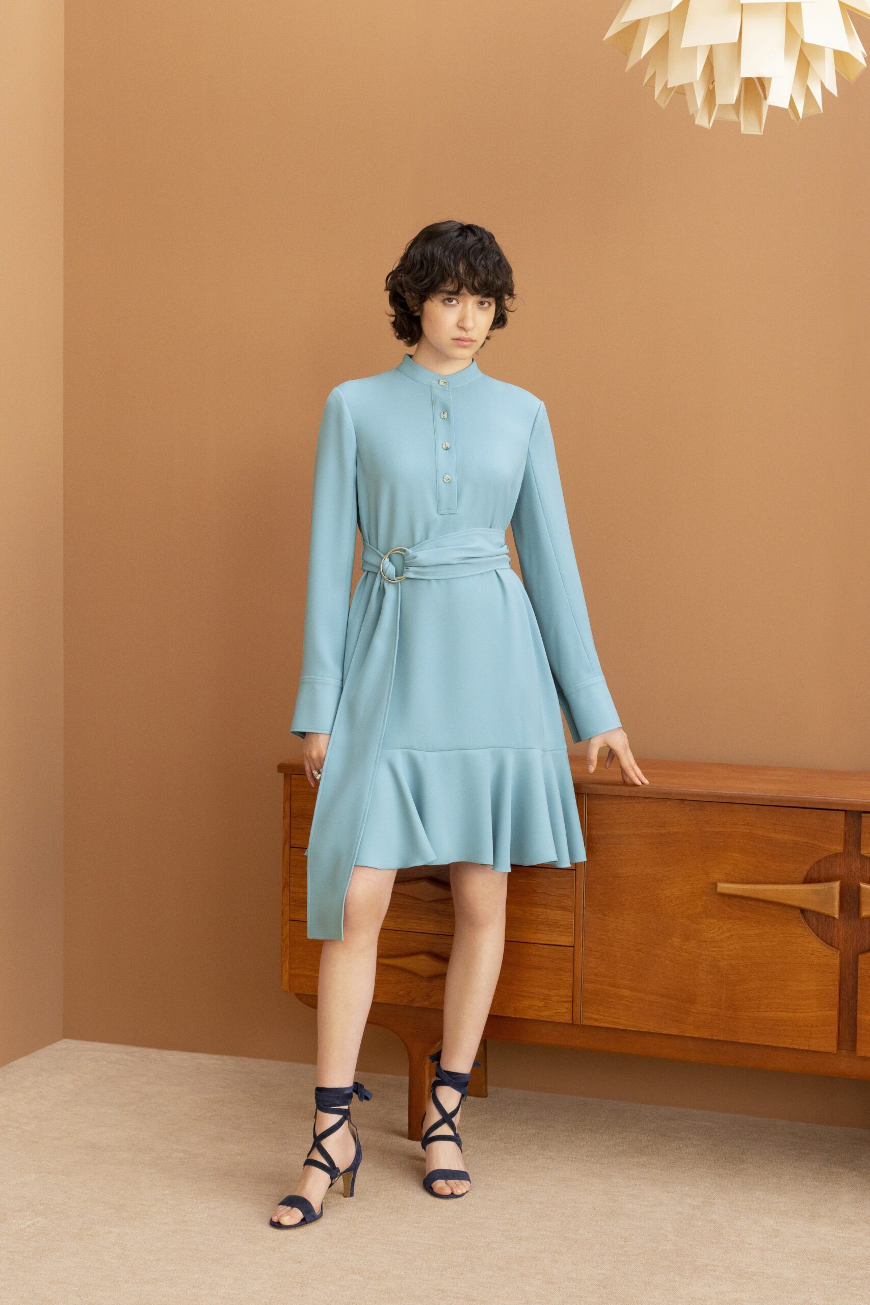 blue belted midi dress with strappy shoes