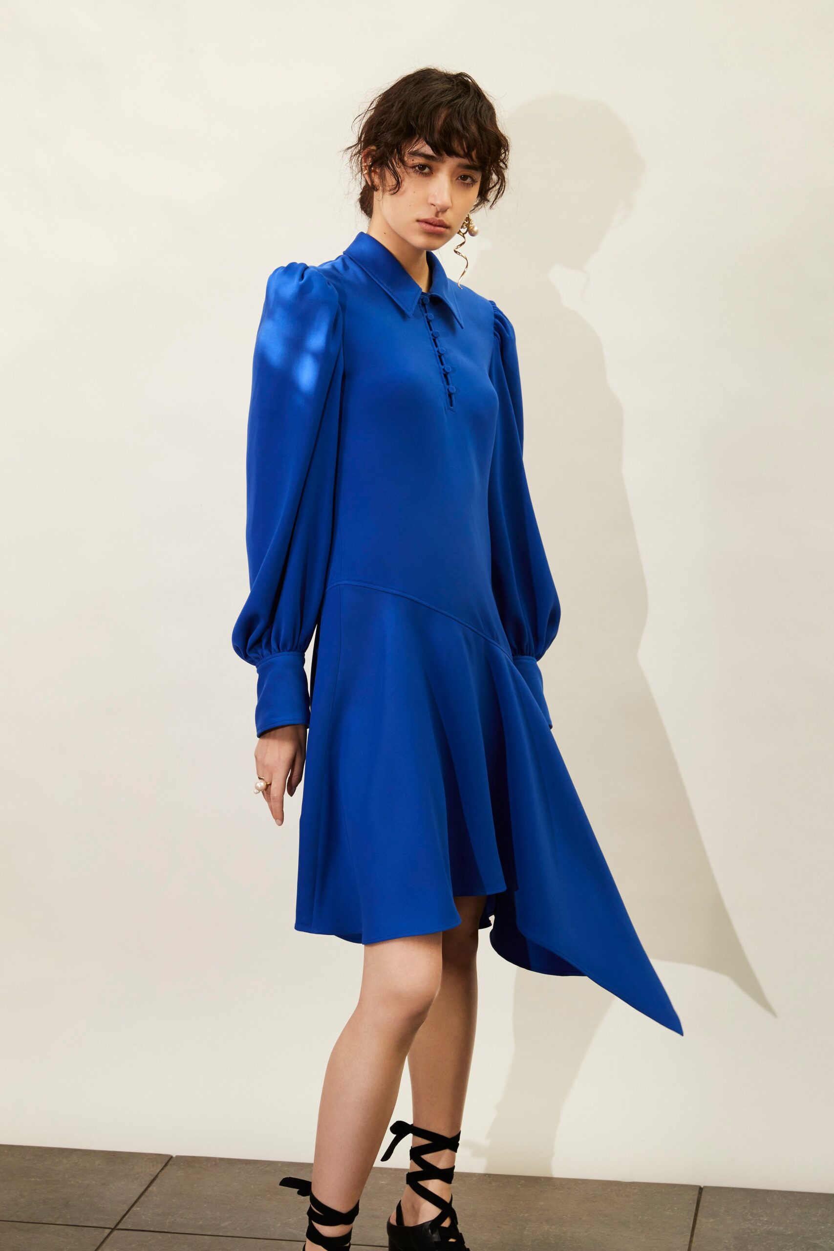 blue silk long-sleeve dress