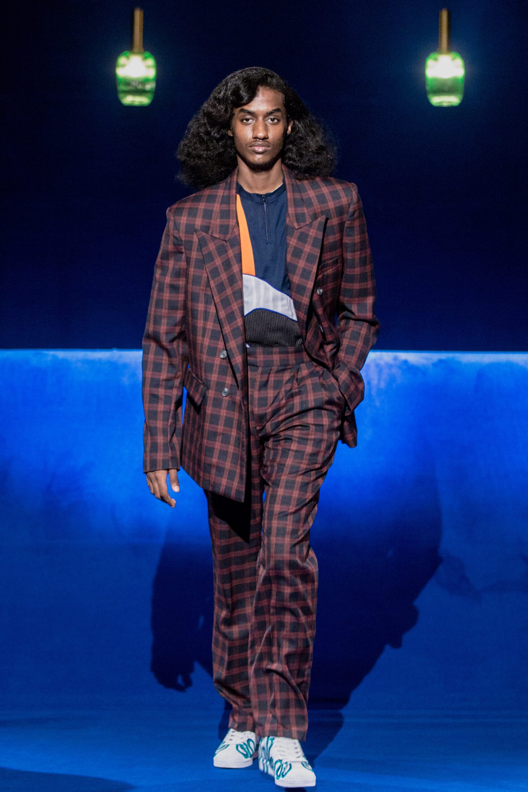 red and blue checked suit with fitted top