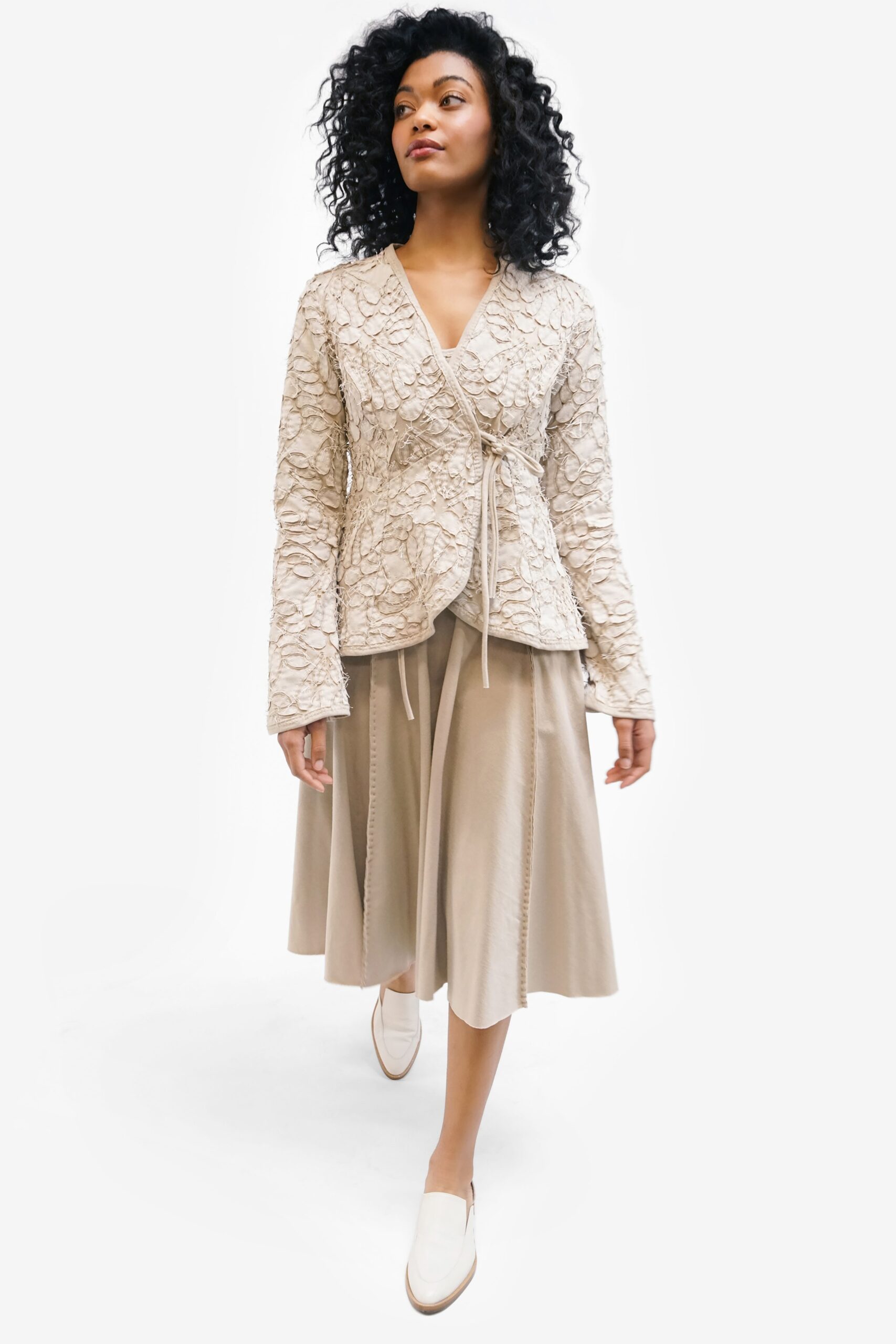 beige lace blouse and skirt