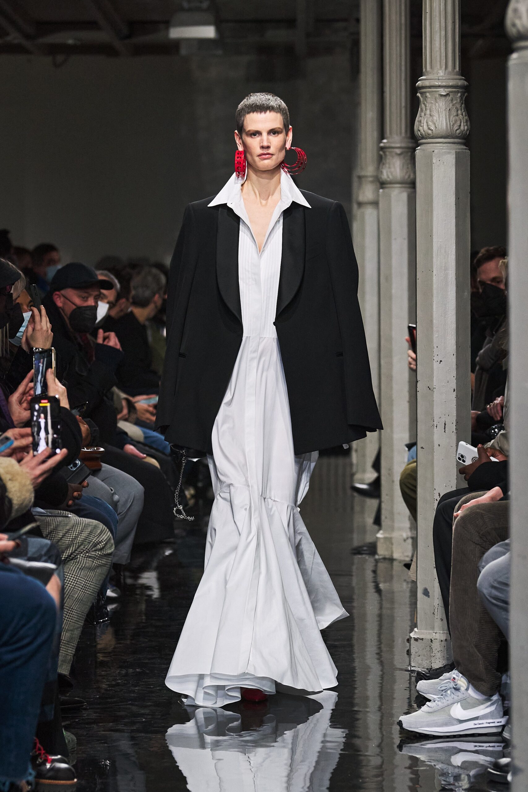 white tiered midi dress with black cape