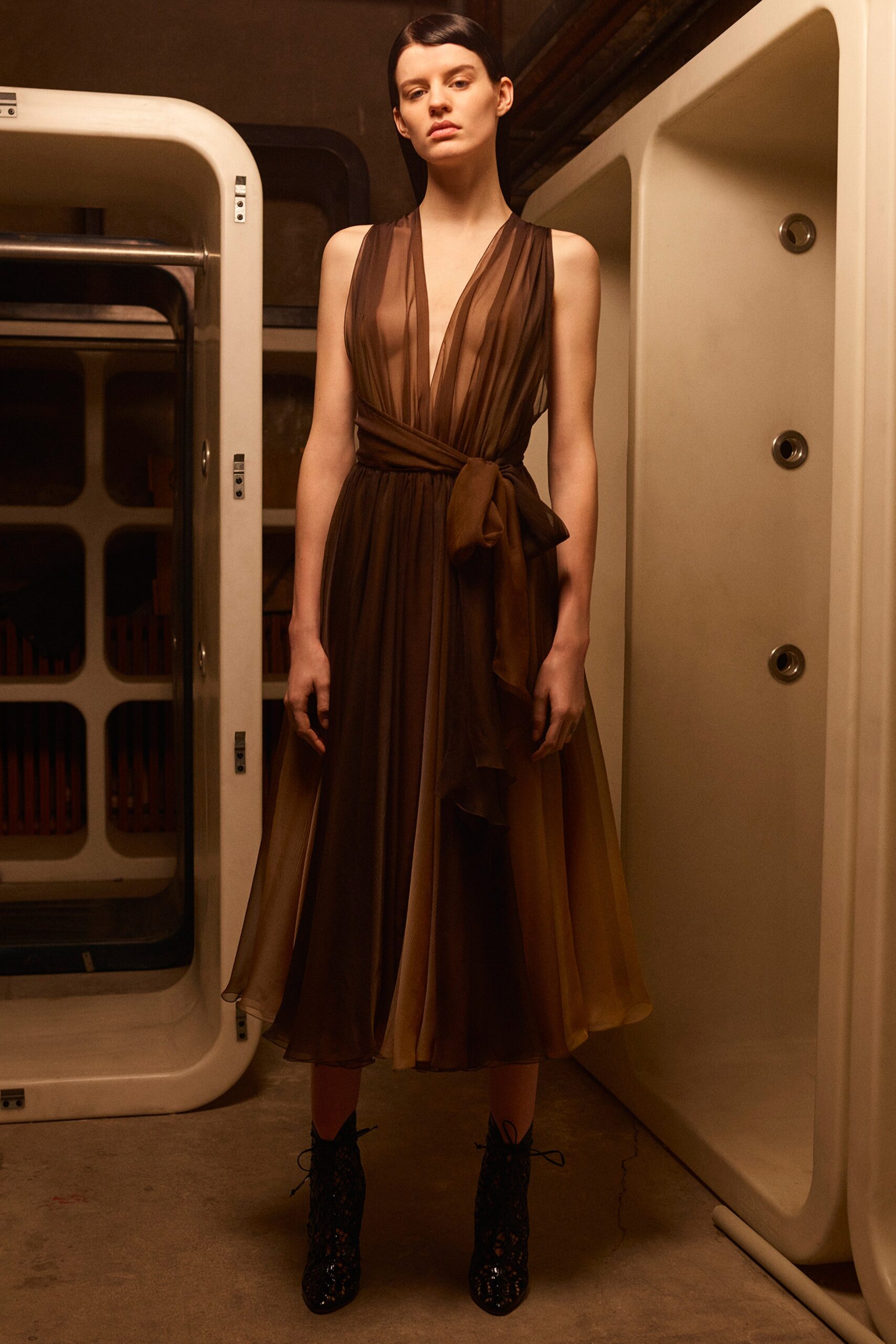 brown beige flowing midi dress with lace-up shoes