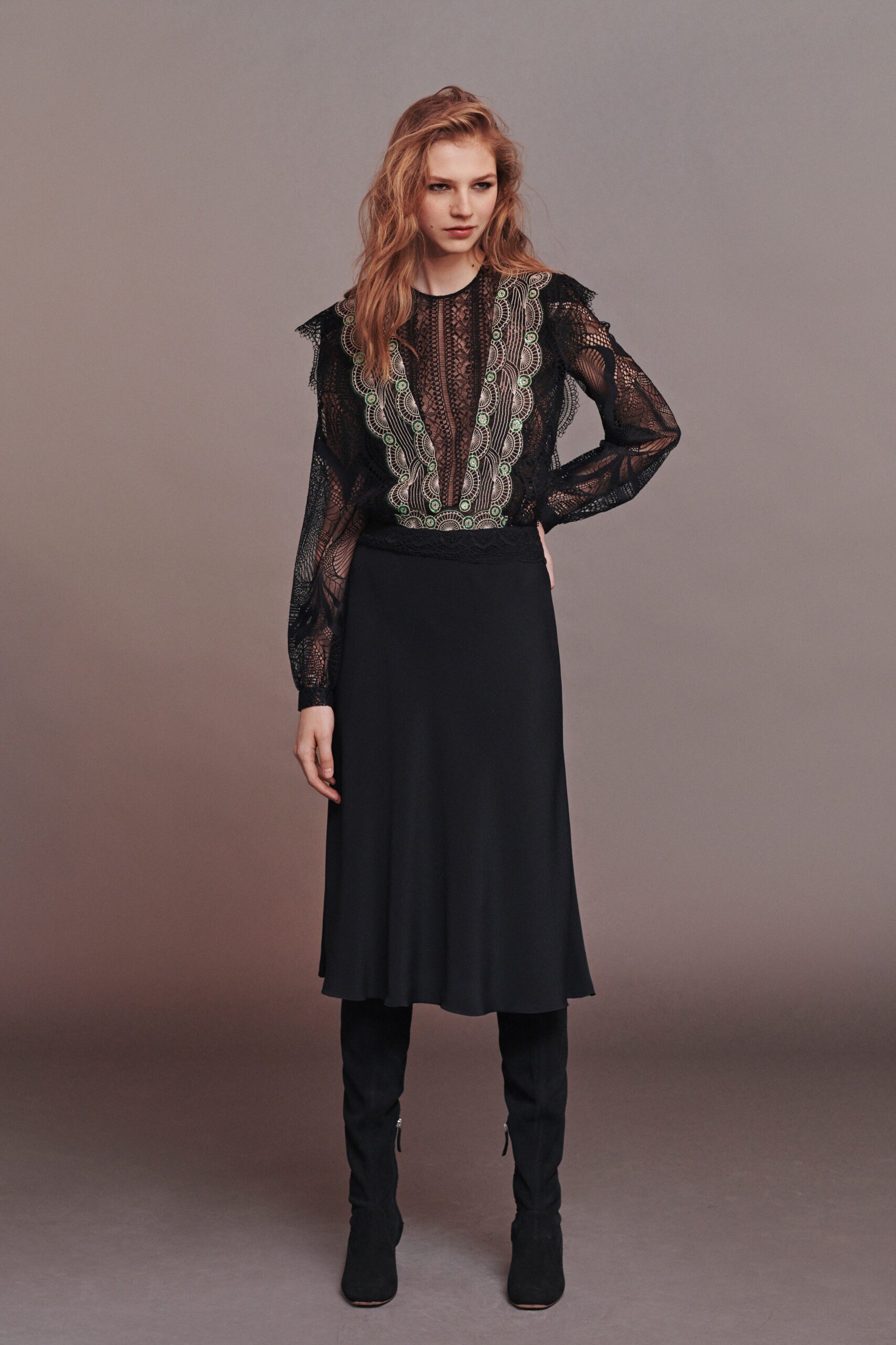 black lace blouse and midi skirt