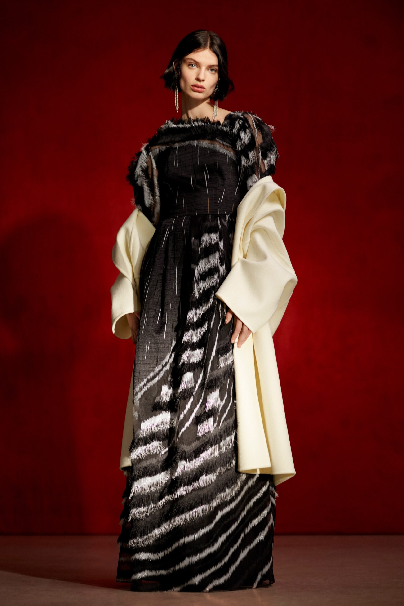 black and white striped gown with coat