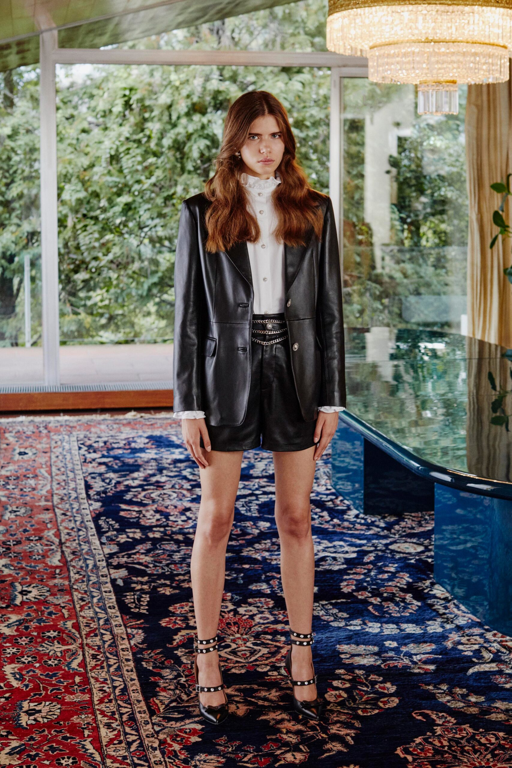 black leather blazer with shorts