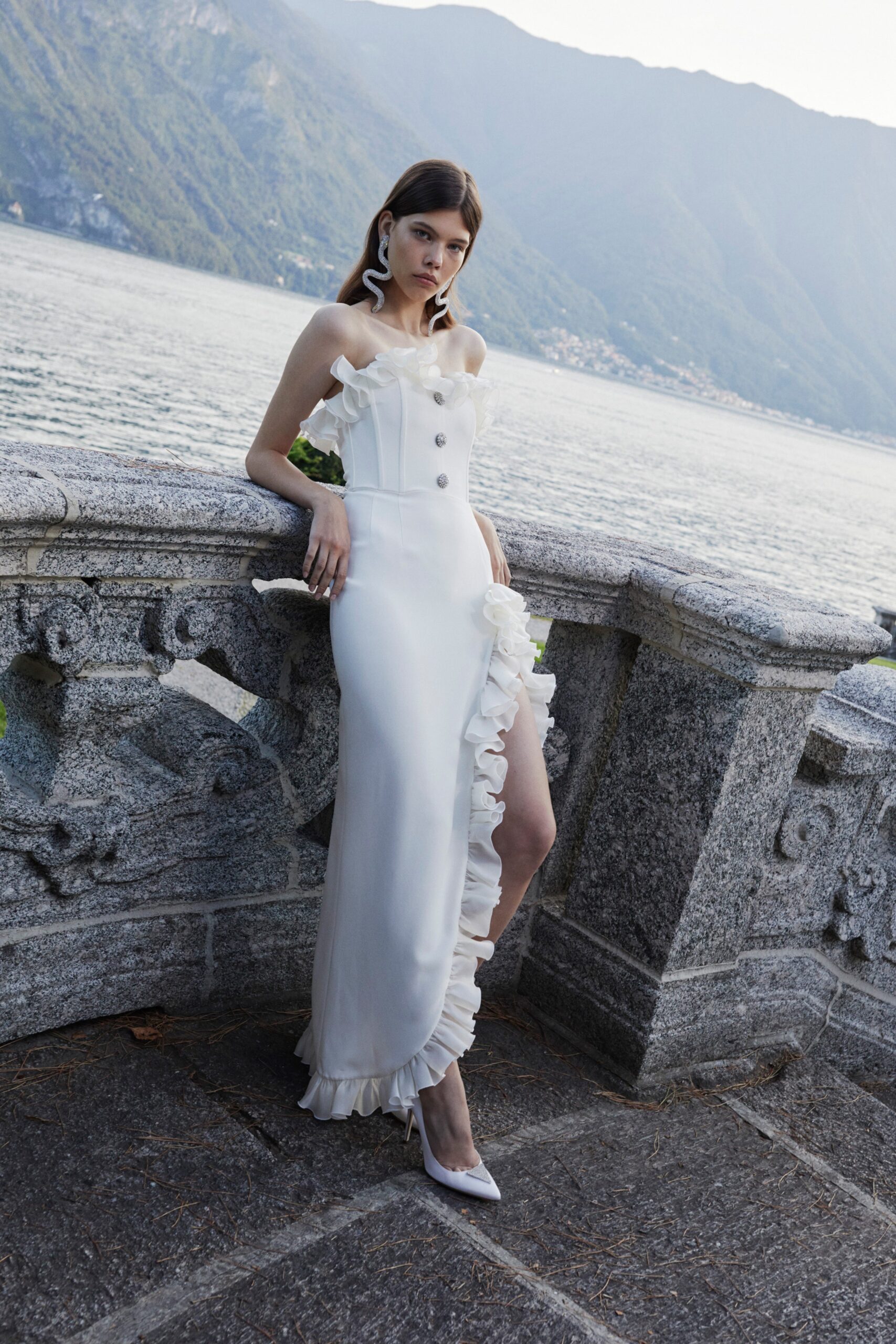 white silk off-shoulder gown
