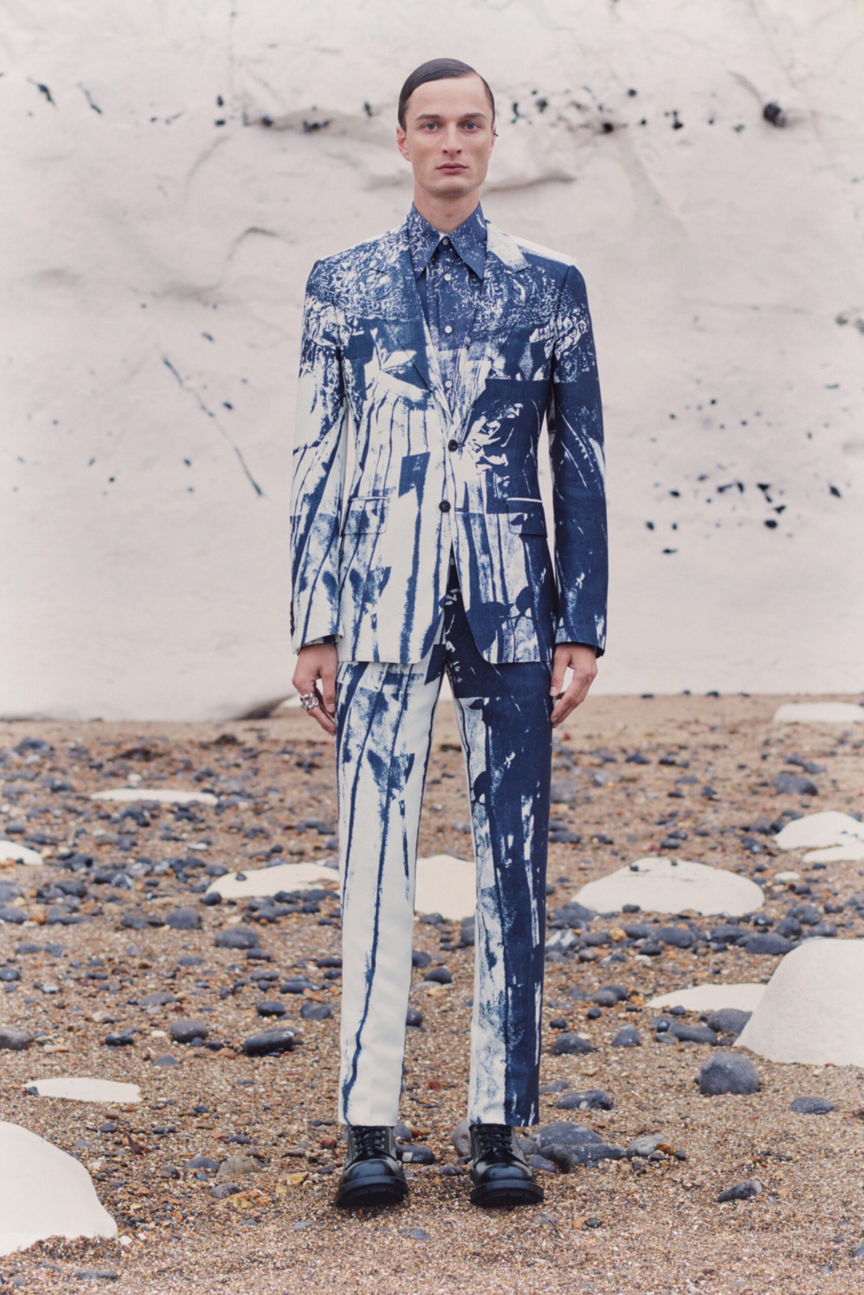blue and white printed suit