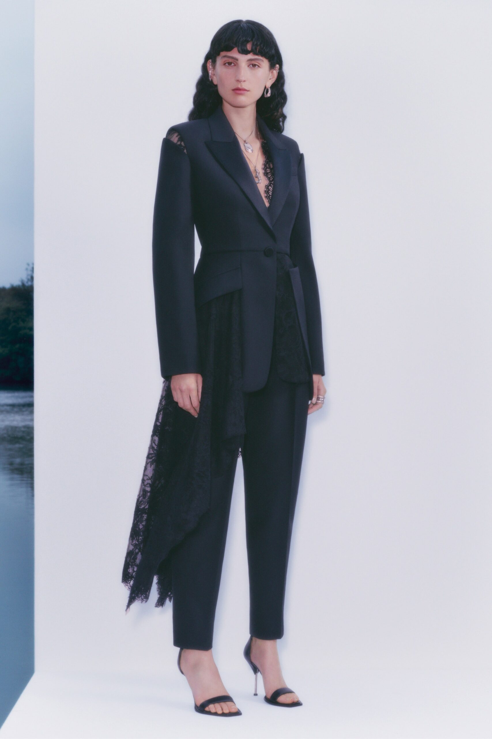 black tailored suit with layered detail