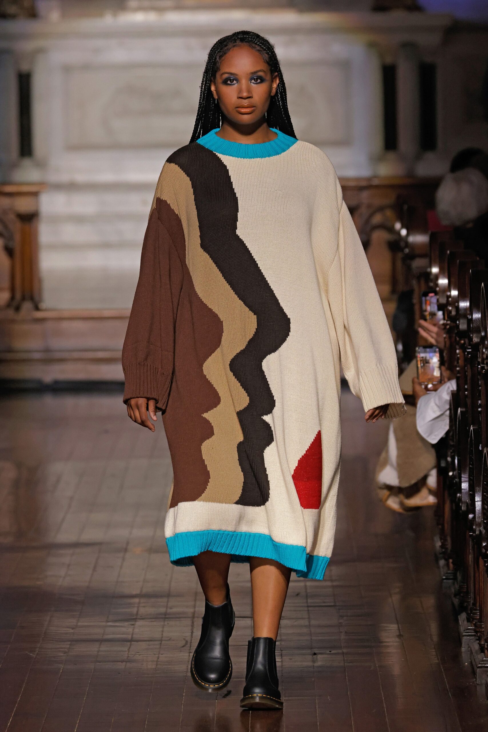 color-blocked midi dress with boots