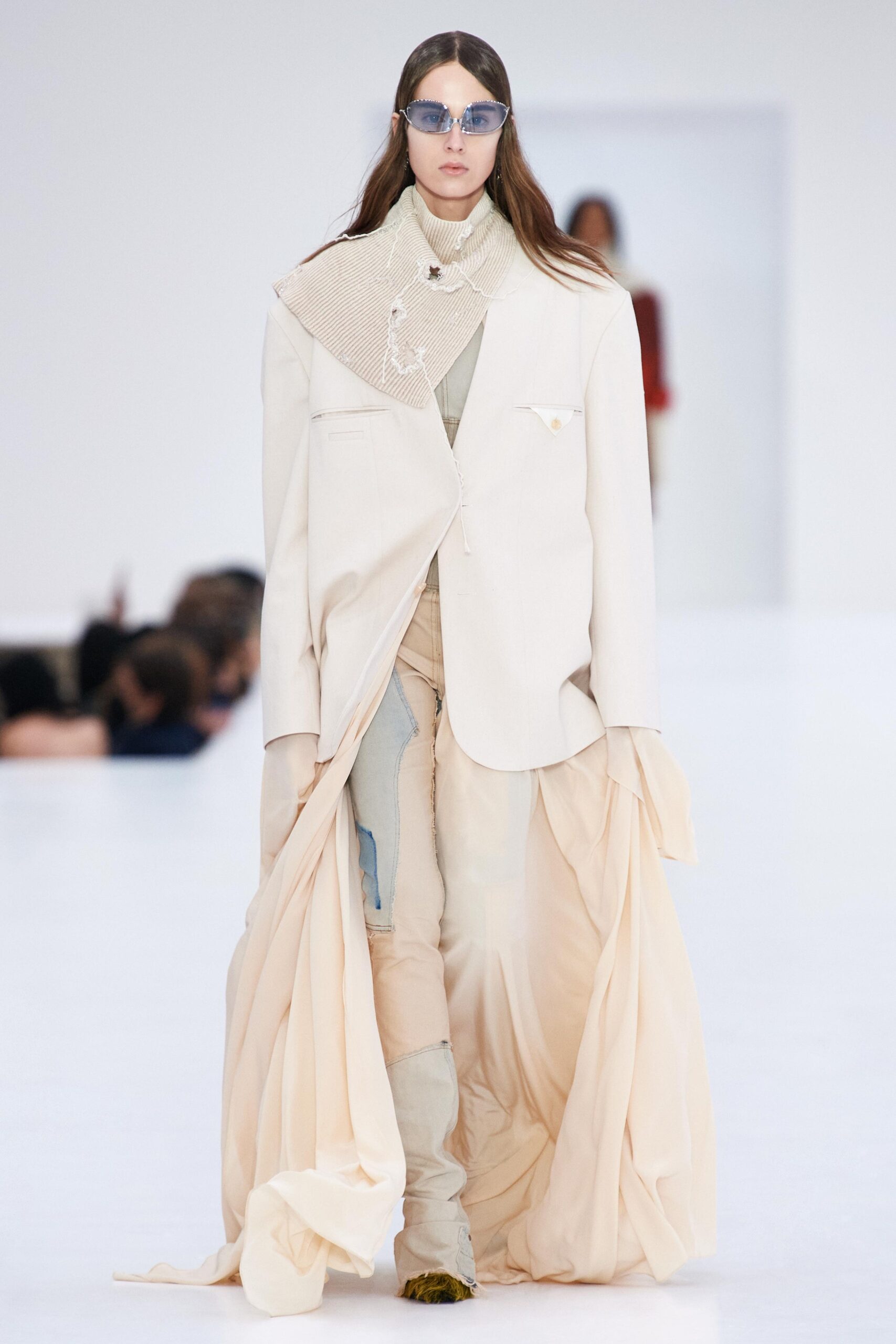 white blazer with flowing beige dress