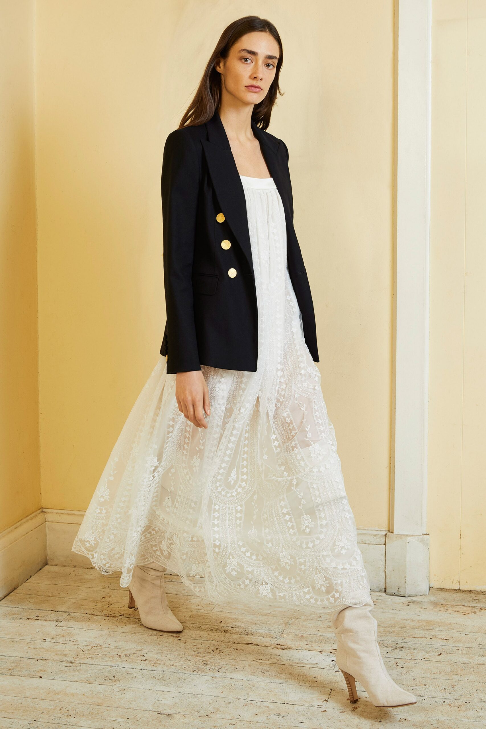 black blazer white embroidered dress