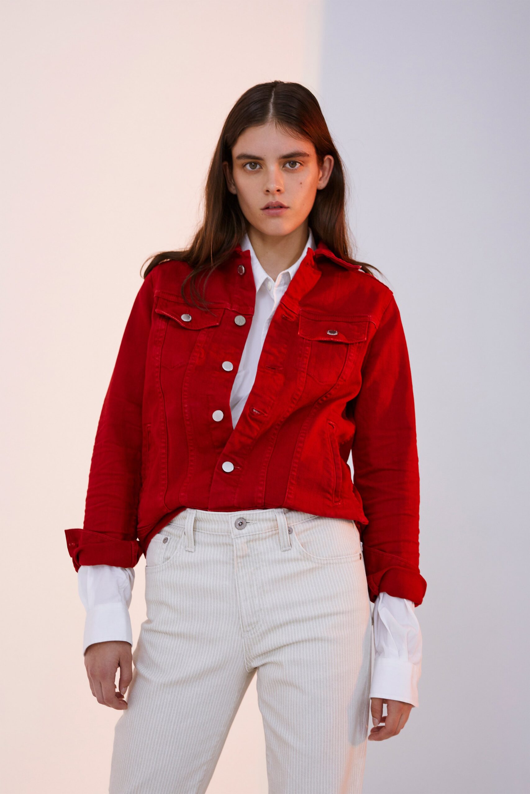 red denim long-sleeve collared fitted buttoned jacket