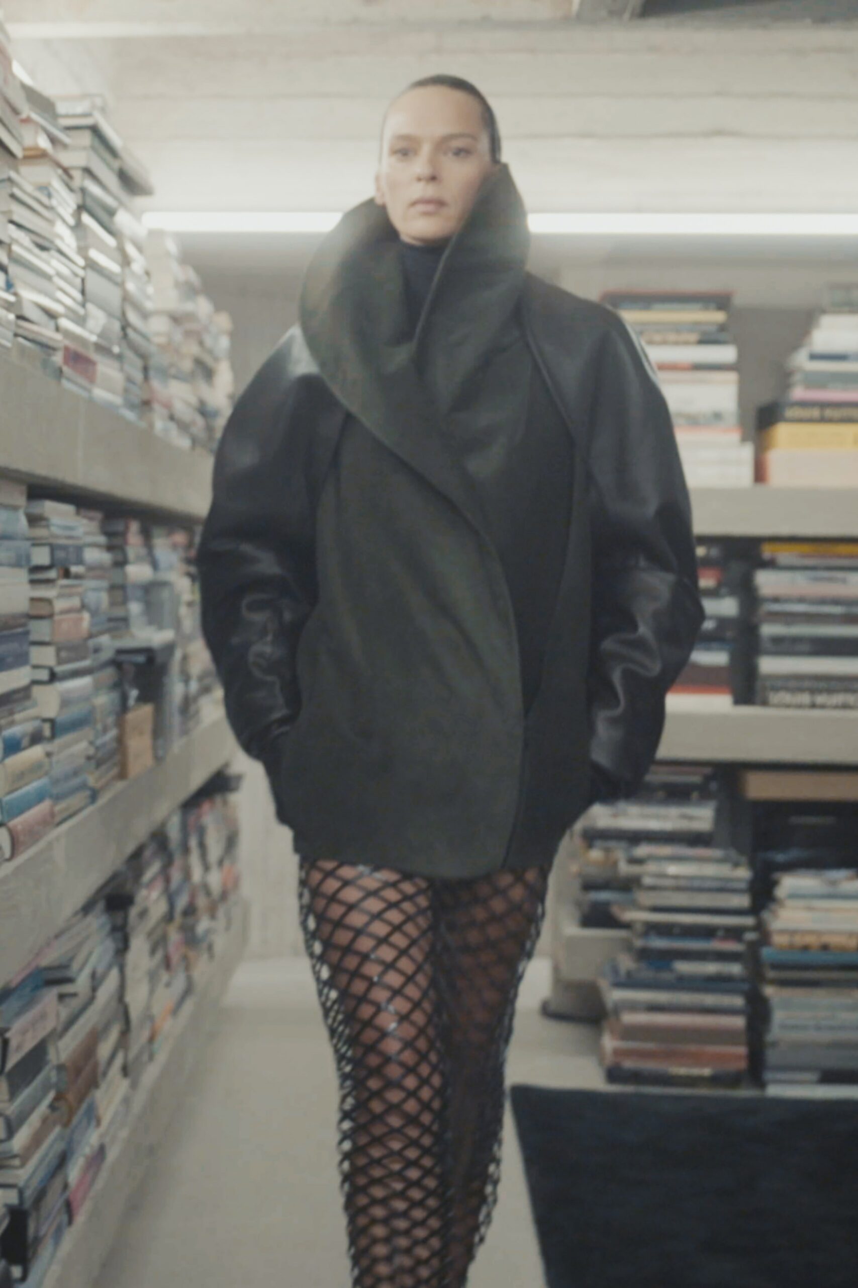 black leather long-sleeve collared relaxed draped jacket