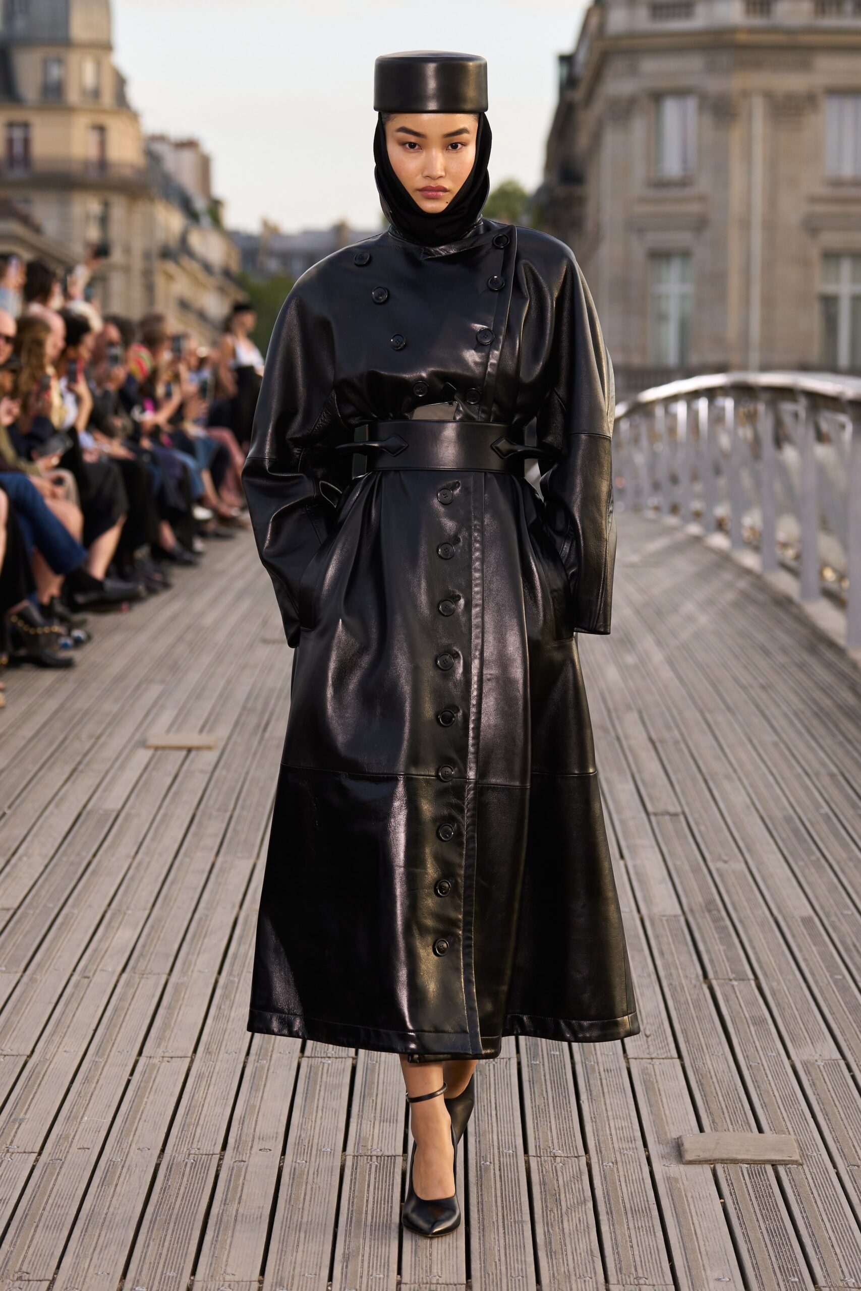 black leather long-sleeve collared fitted belted maxi coat