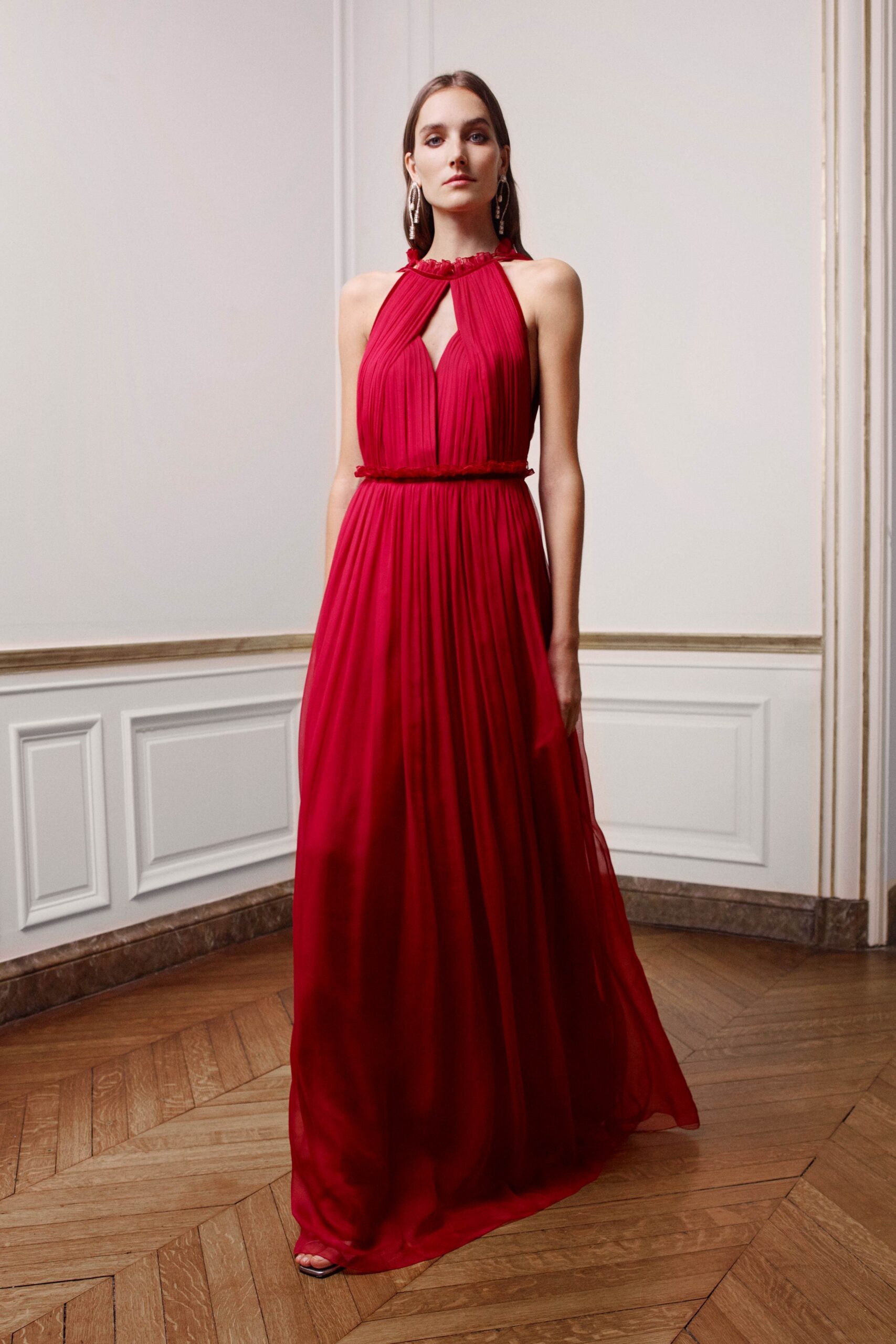 red silk pleated gown