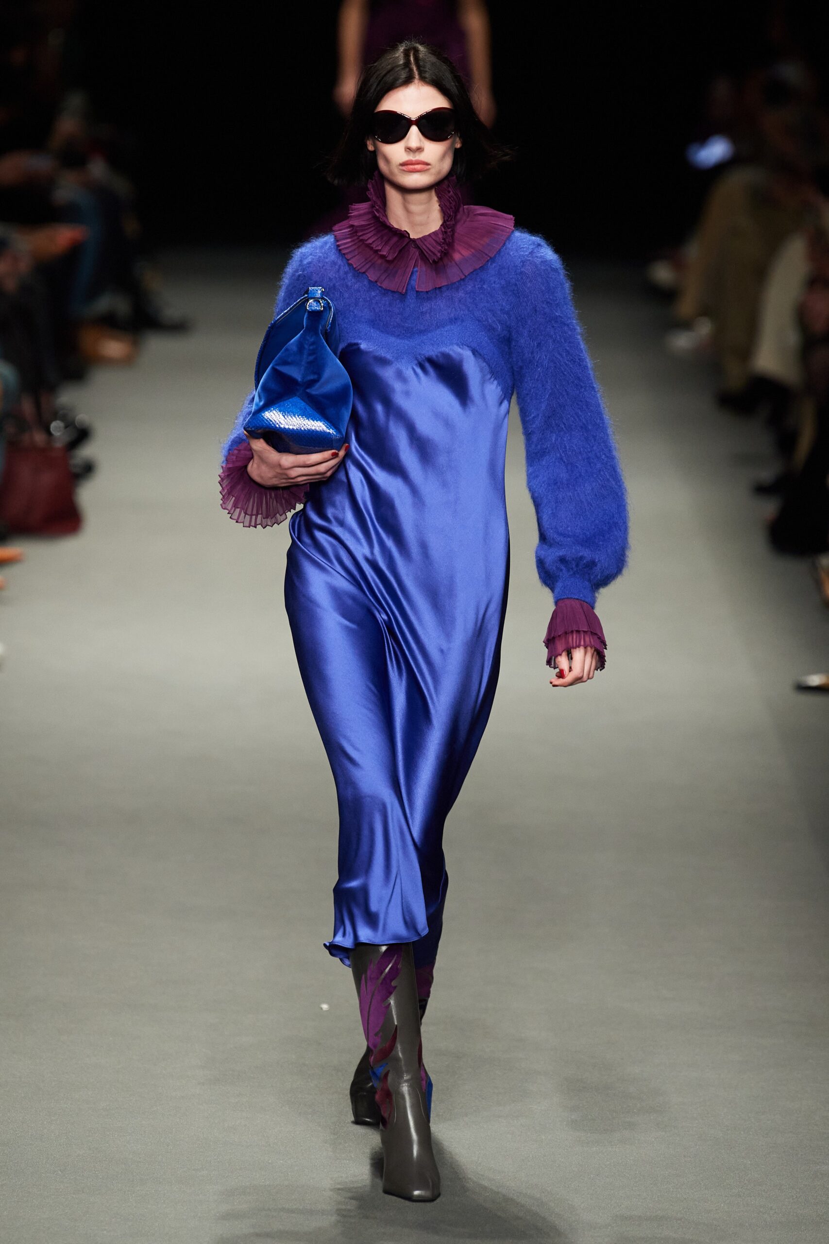 blue silk midi dress with purple sweater