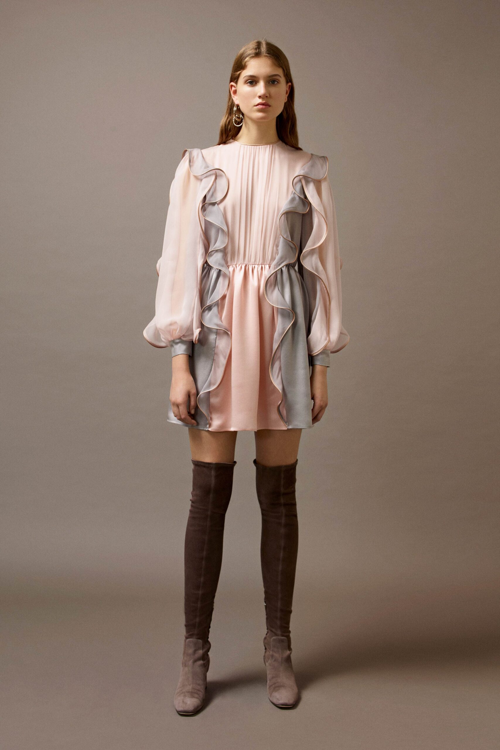 pink and gray ruffled mini dress