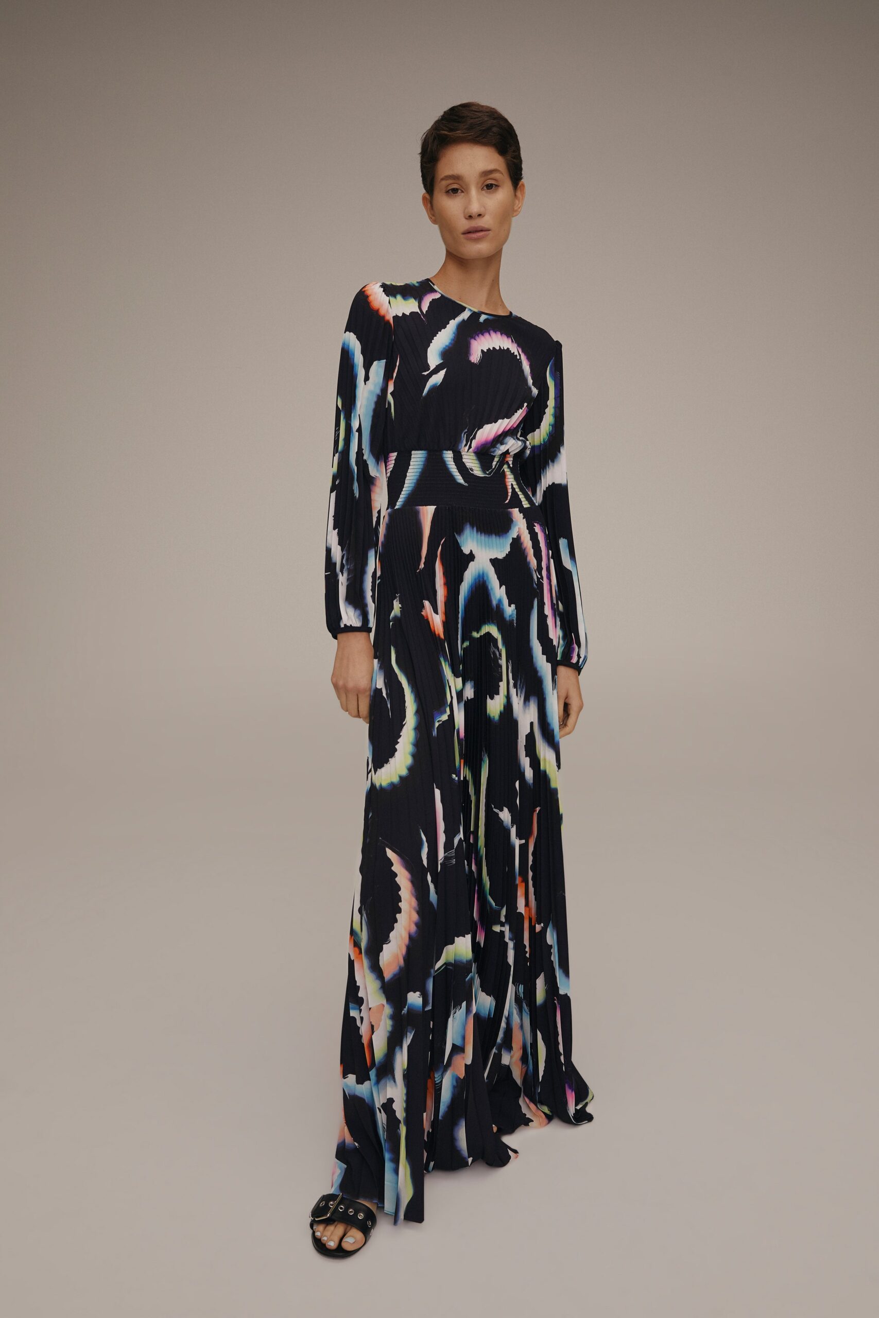 multi-colored pleated maxi dress