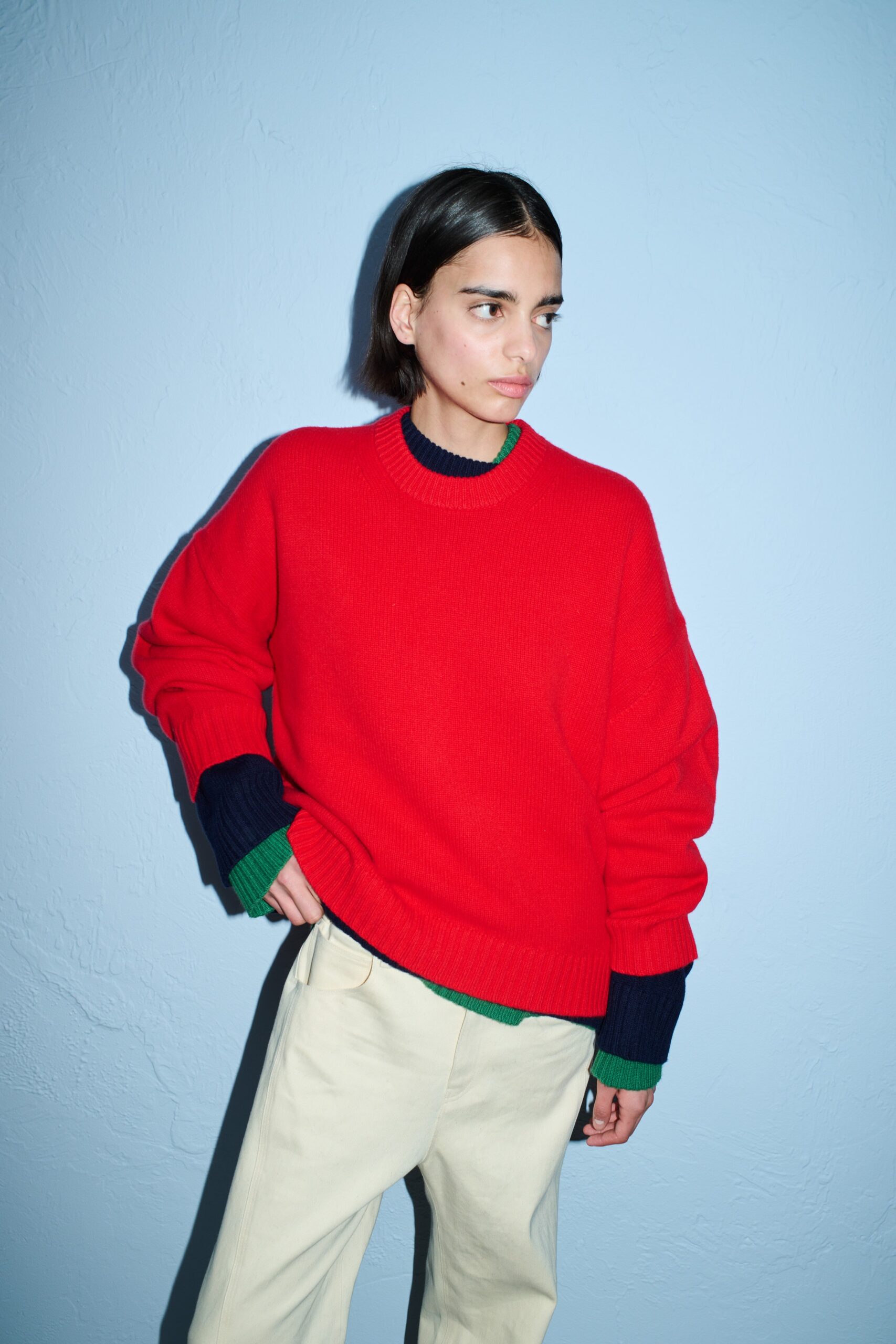 oversized red sweater with green top
