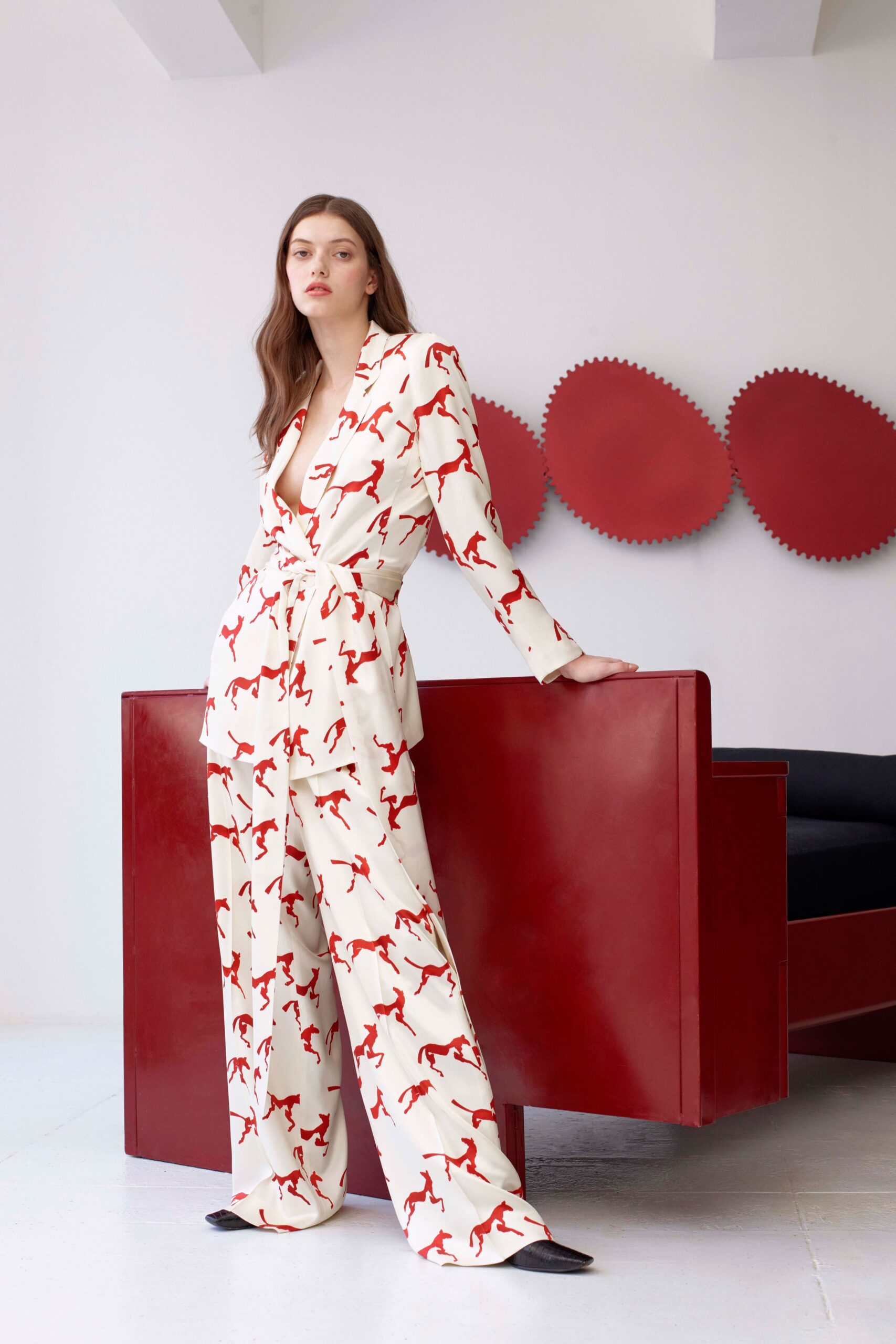 white and red printed suit