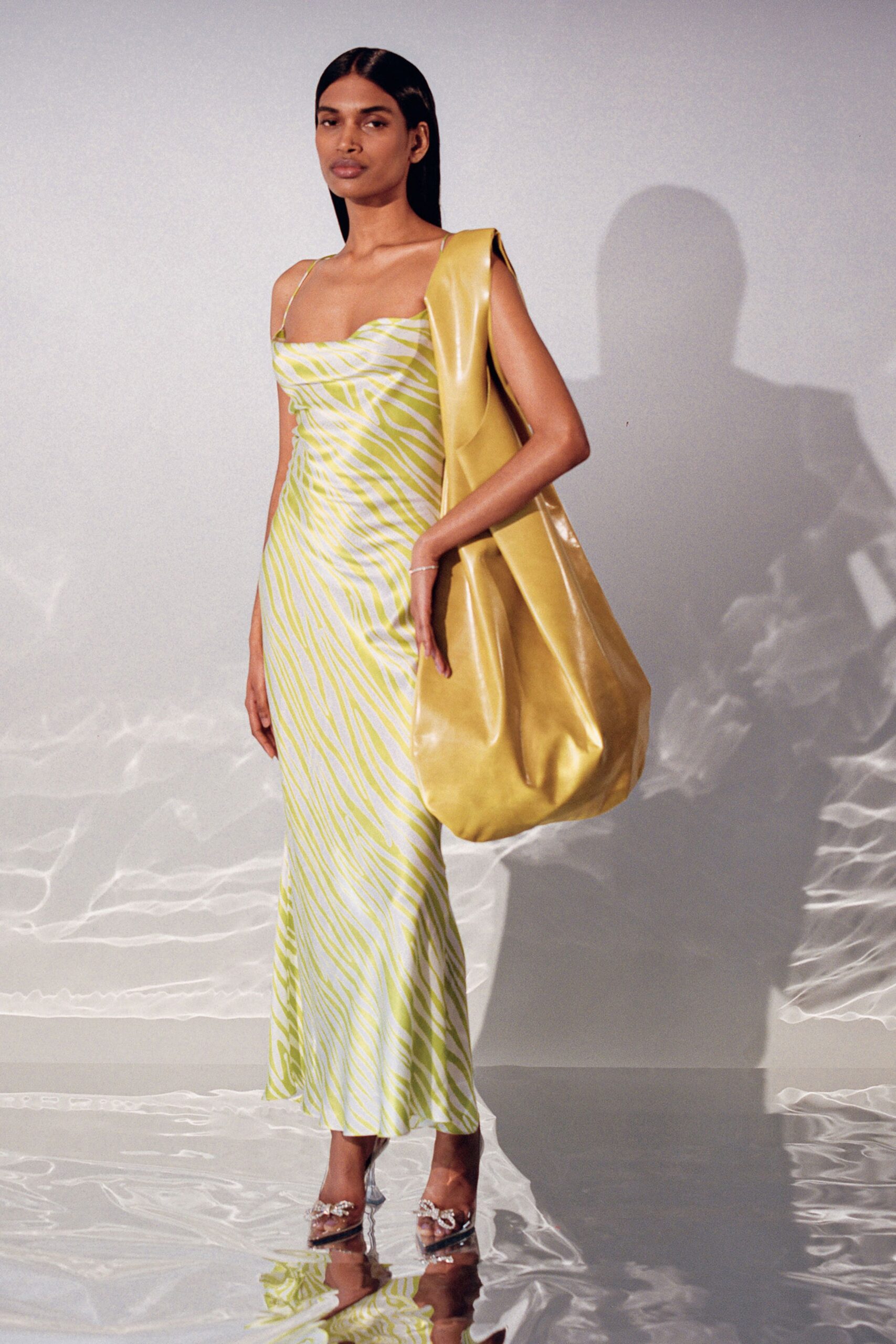 yellow green silk midi dress