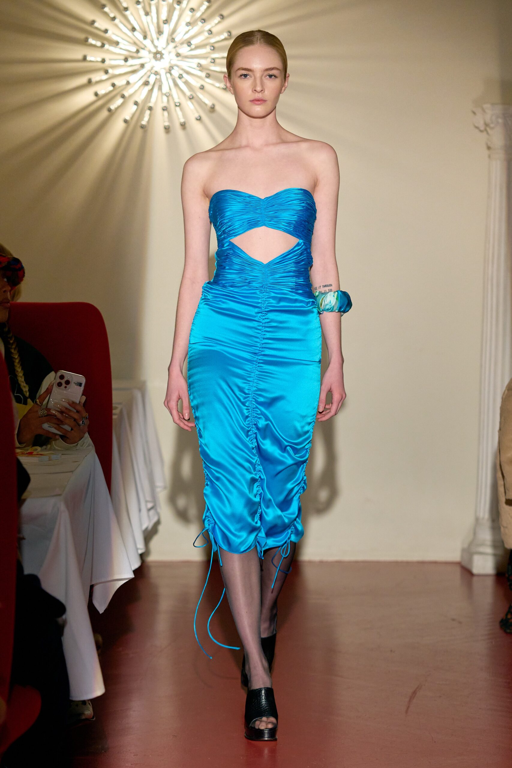 blue silk strapless dress