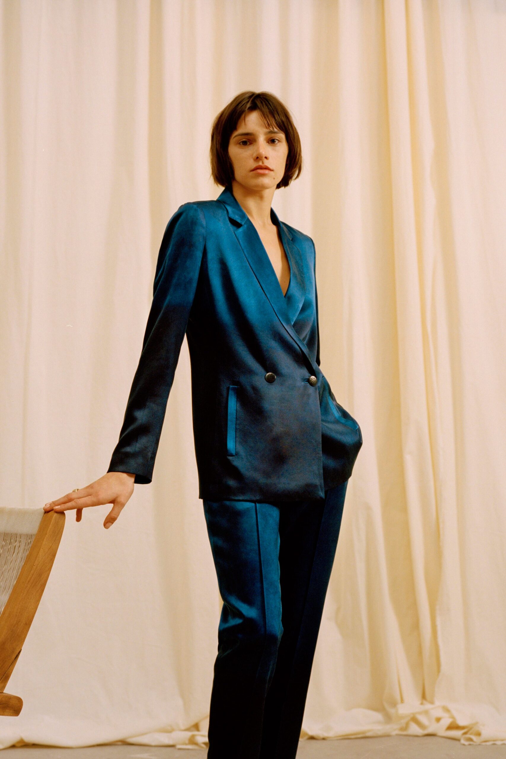 blue silk tailored suit