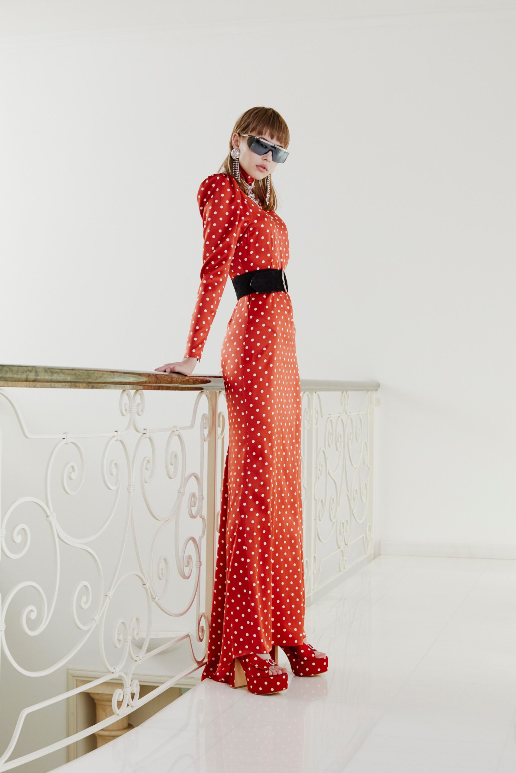 red cotton long-sleeve high-neck fitted polka-dot pencil dress