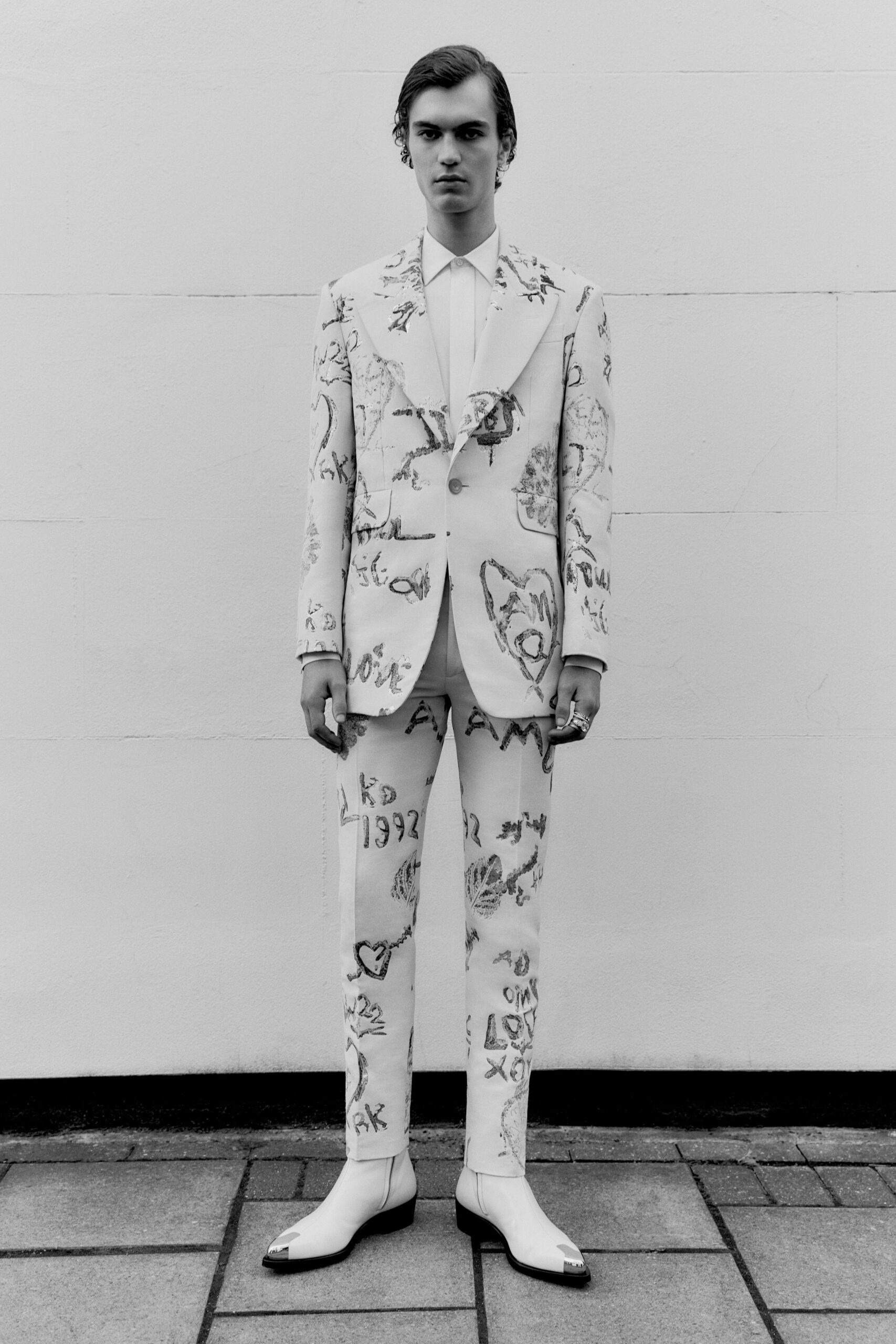white printed tailored suit