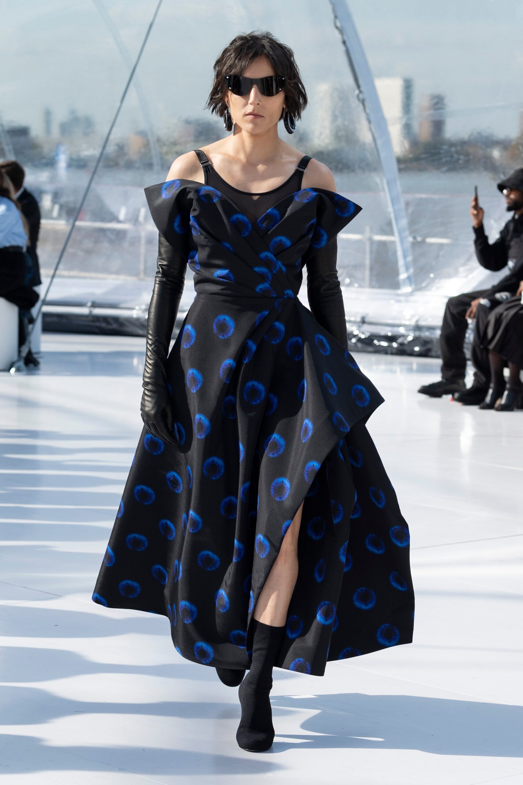 black and blue printed midi dress