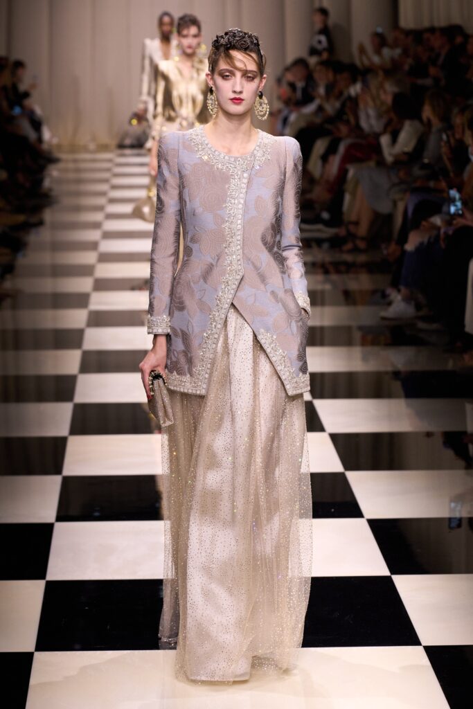 beige embroidered silk gown