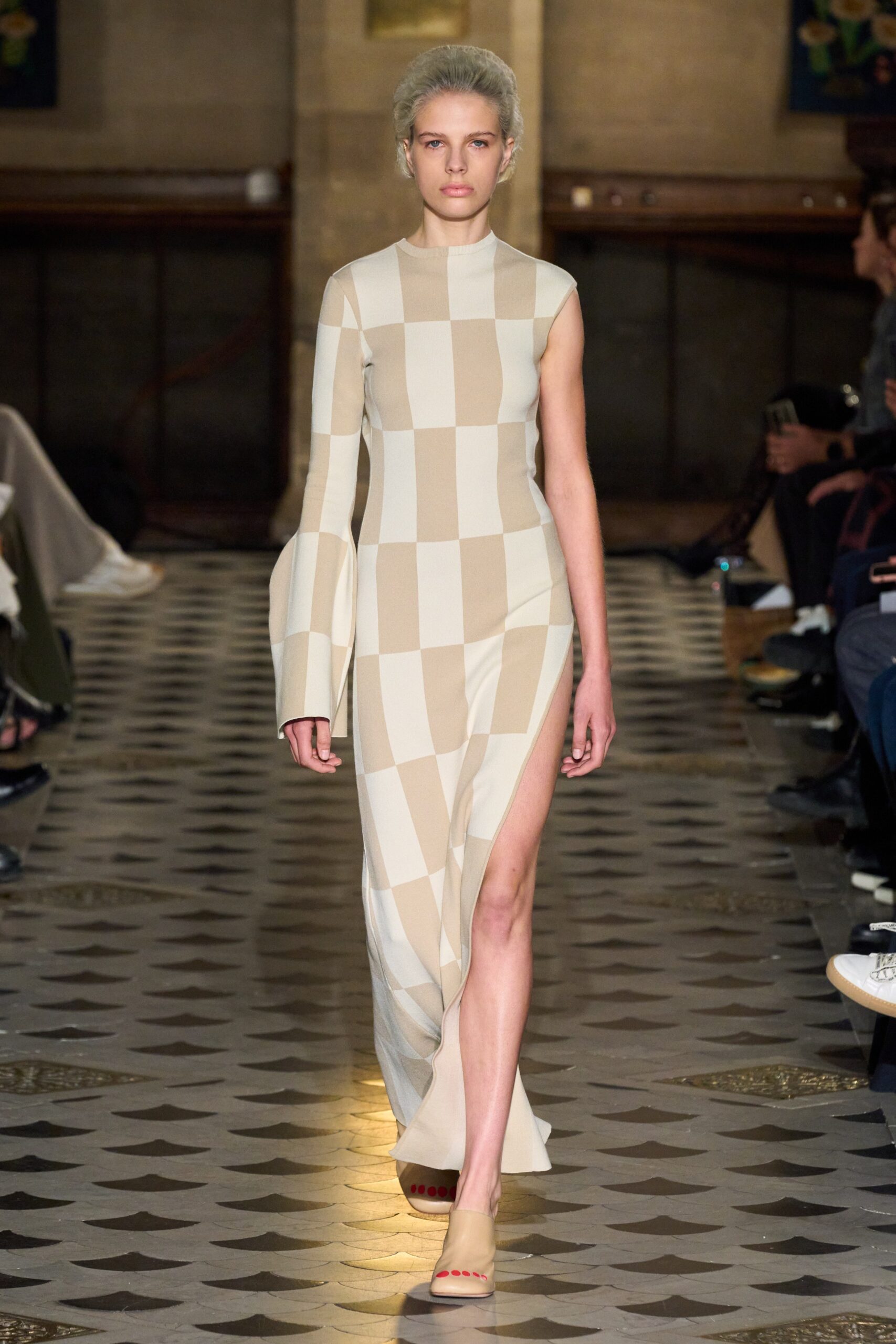 beige and brown checked maxi dress