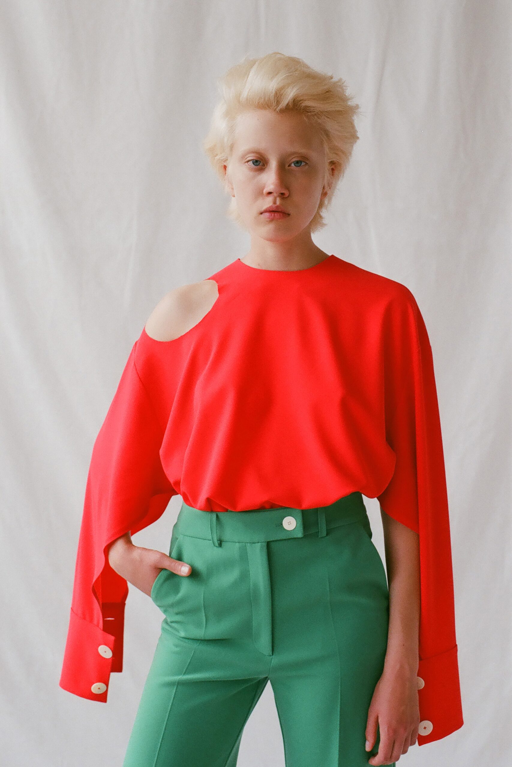 green tailored pants