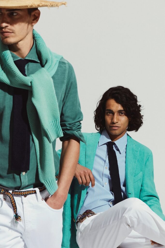 teal blazer and blue shirt