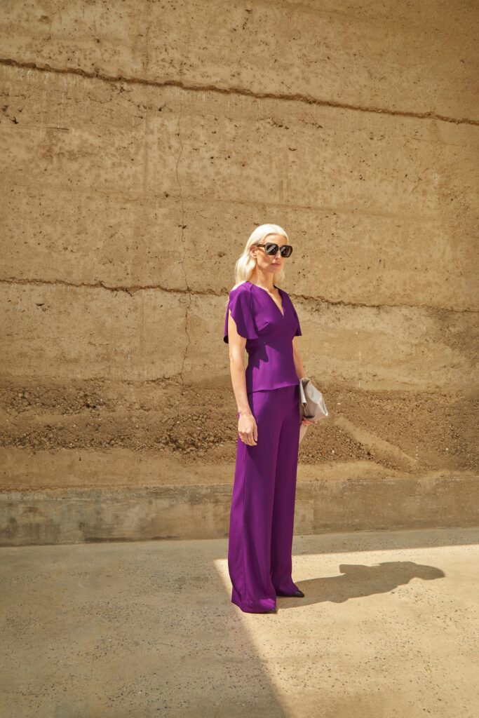 fitted purple silk jumpsuit