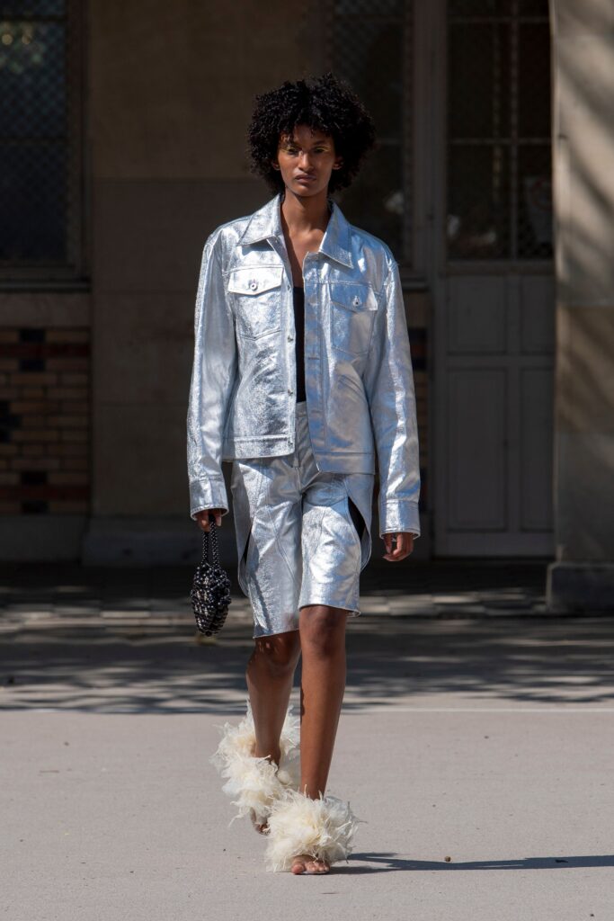 silver vinyl jacket and shorts