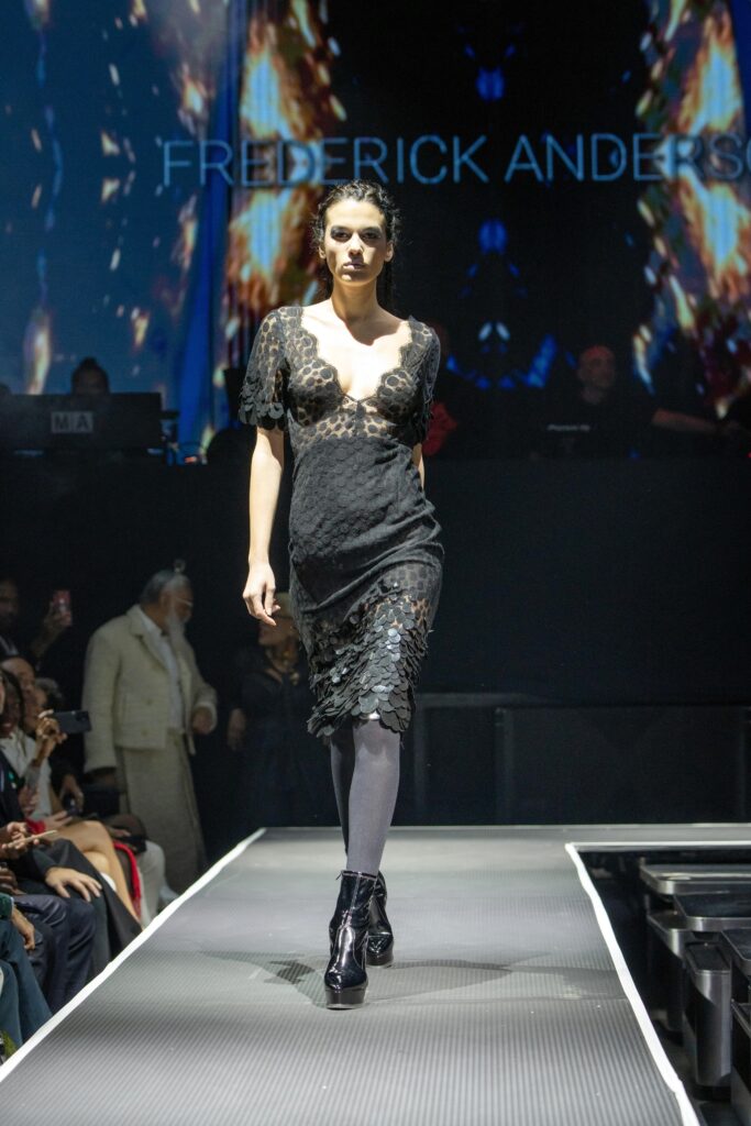 A fitted black sheer dress with a V-neckline and layered design details.