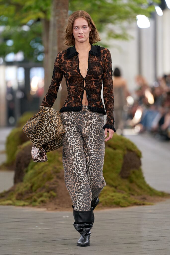 printed silk blouse and wide-leg pants