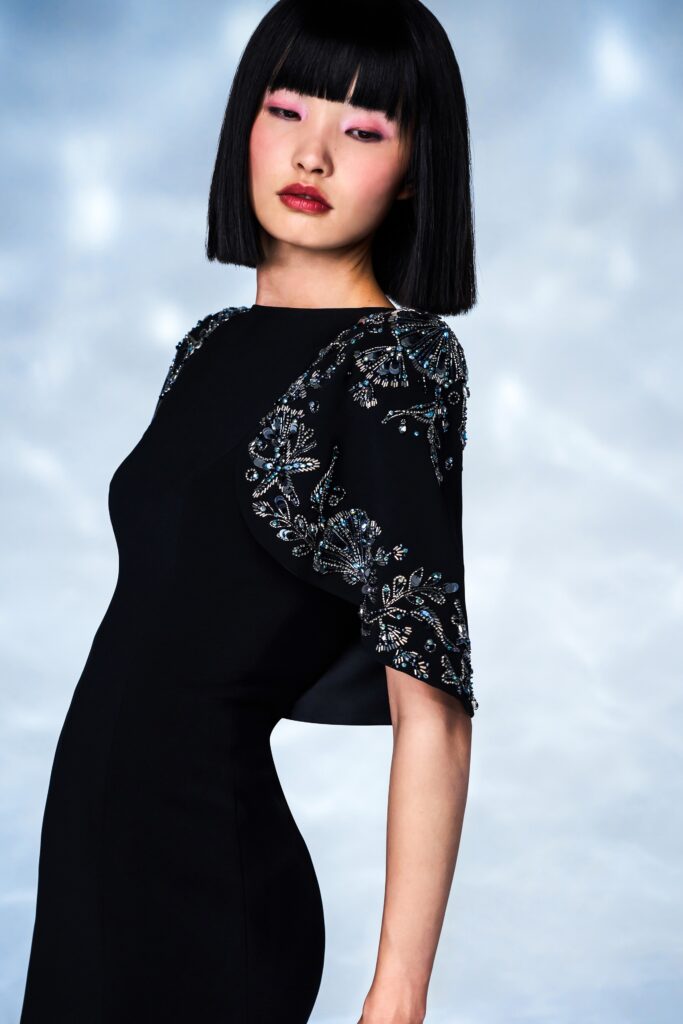 A fitted black silk dress with short sleeves and intricate embroidery details.