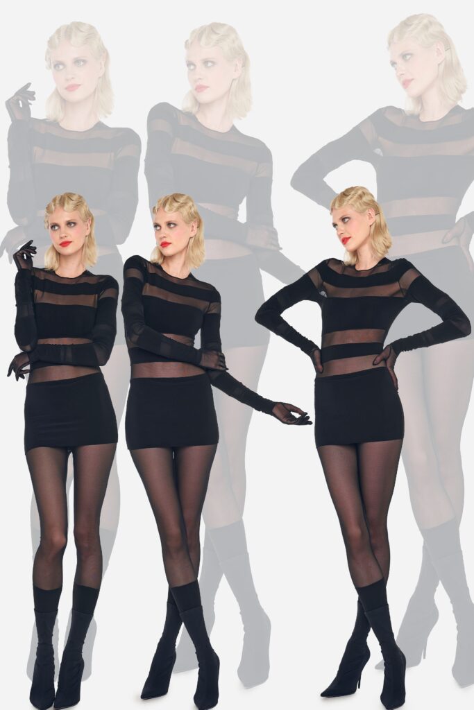 A fitted black sheer dress with long sleeves and a high neckline featuring a striped design.