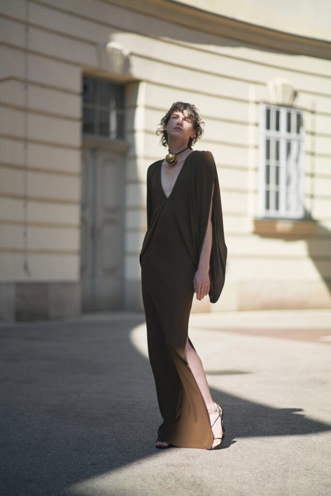 brown silk sleeveless gown
