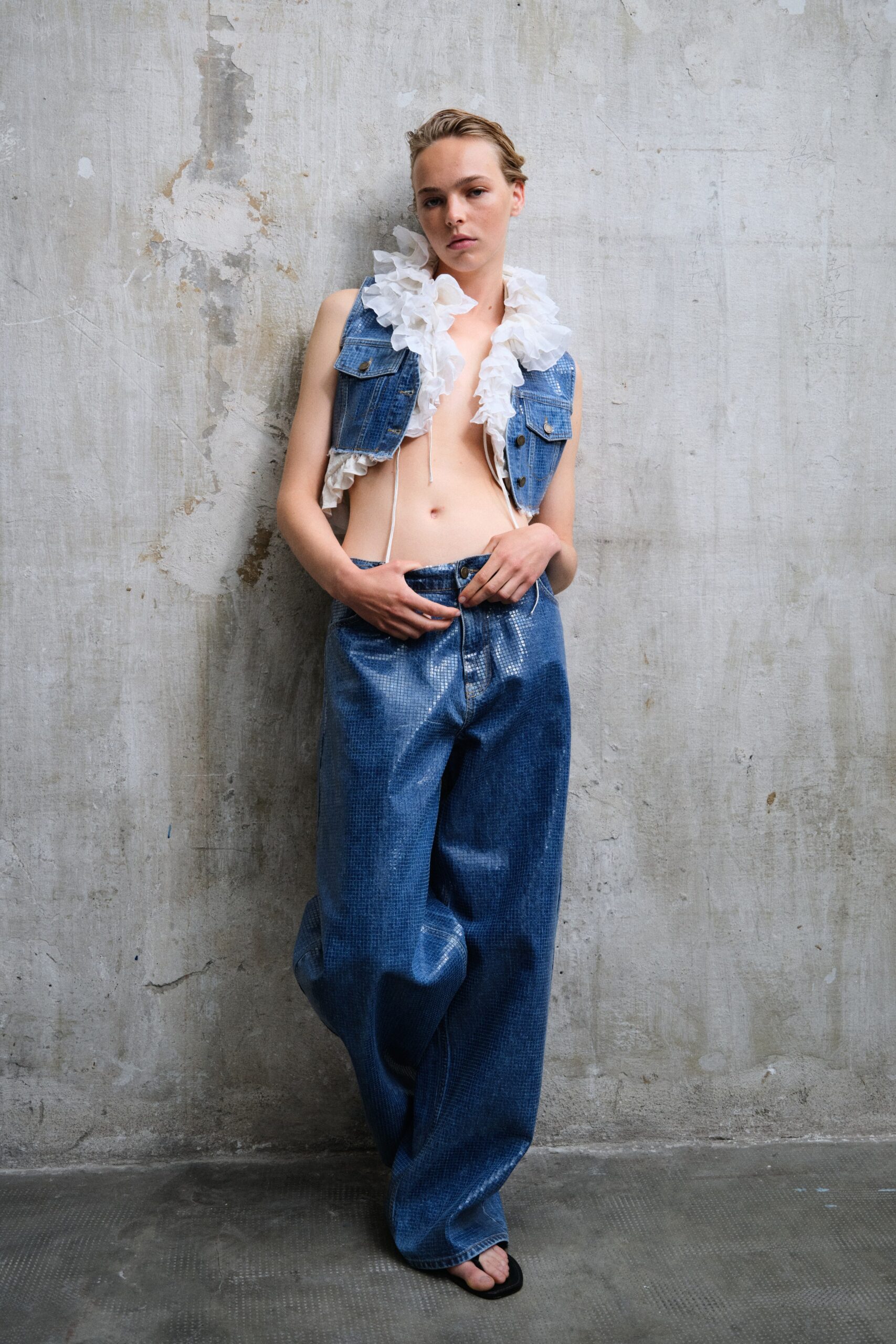 denim vest and wide-leg pants