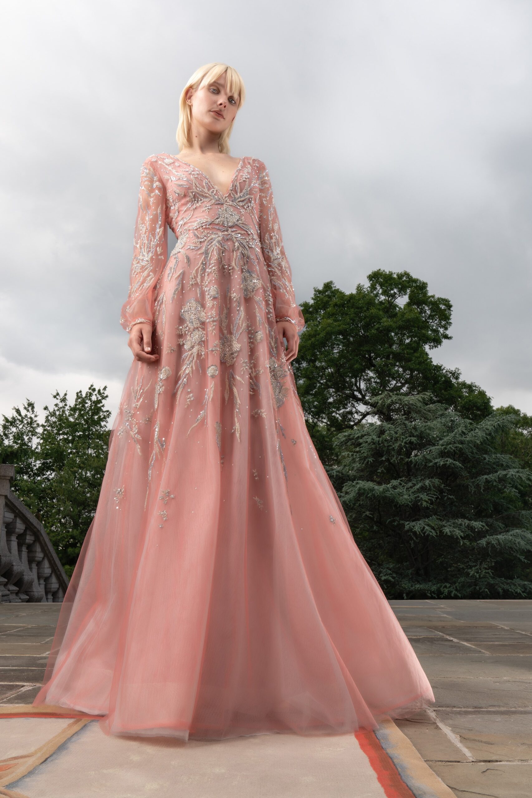 A fitted pink tulle gown with long sleeves, a V-neckline, and intricate embroidery.