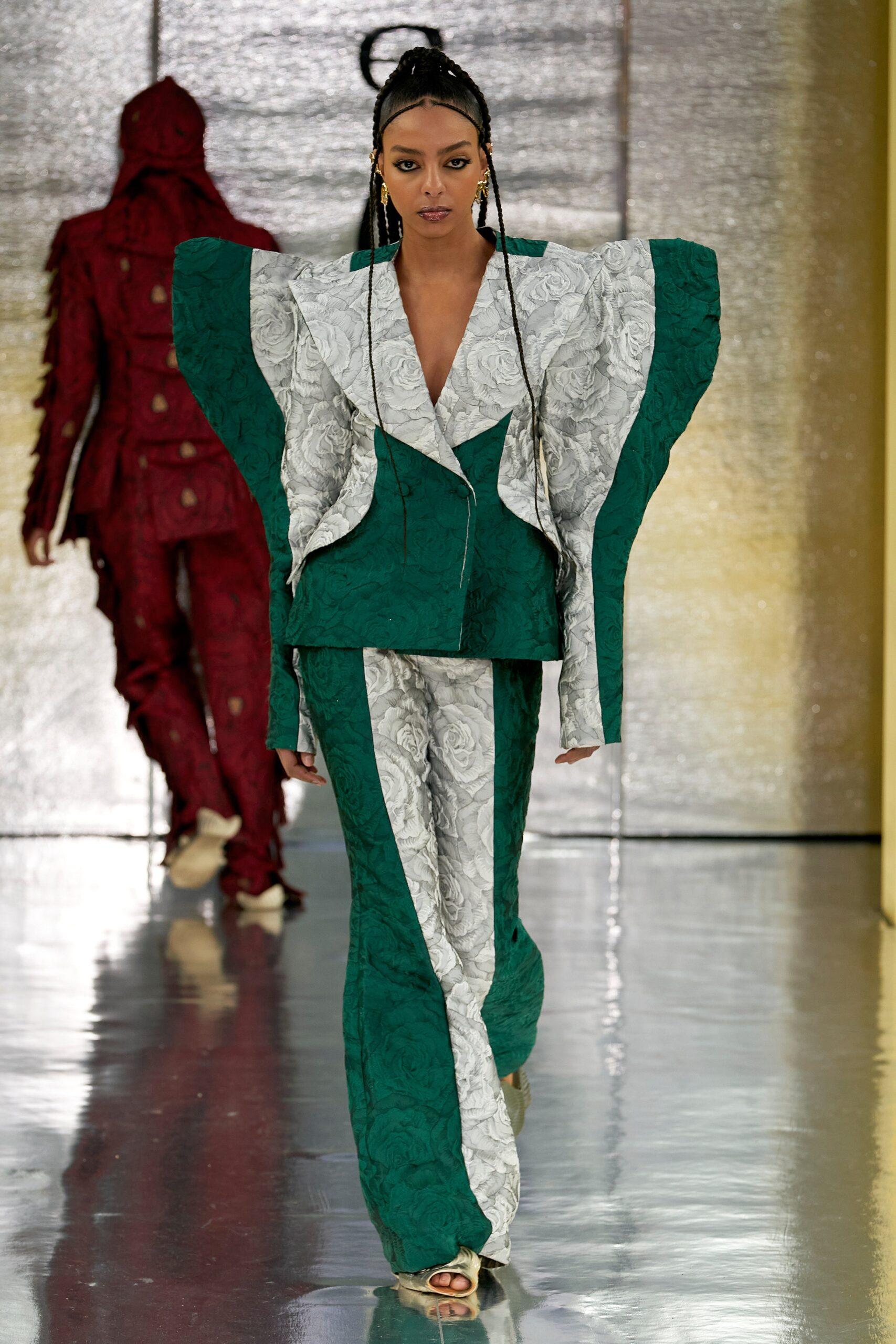 green and white structured suit