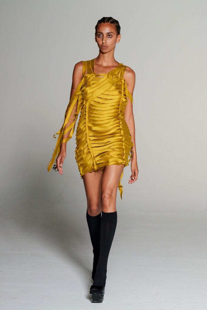 fitted yellow silk mini dress