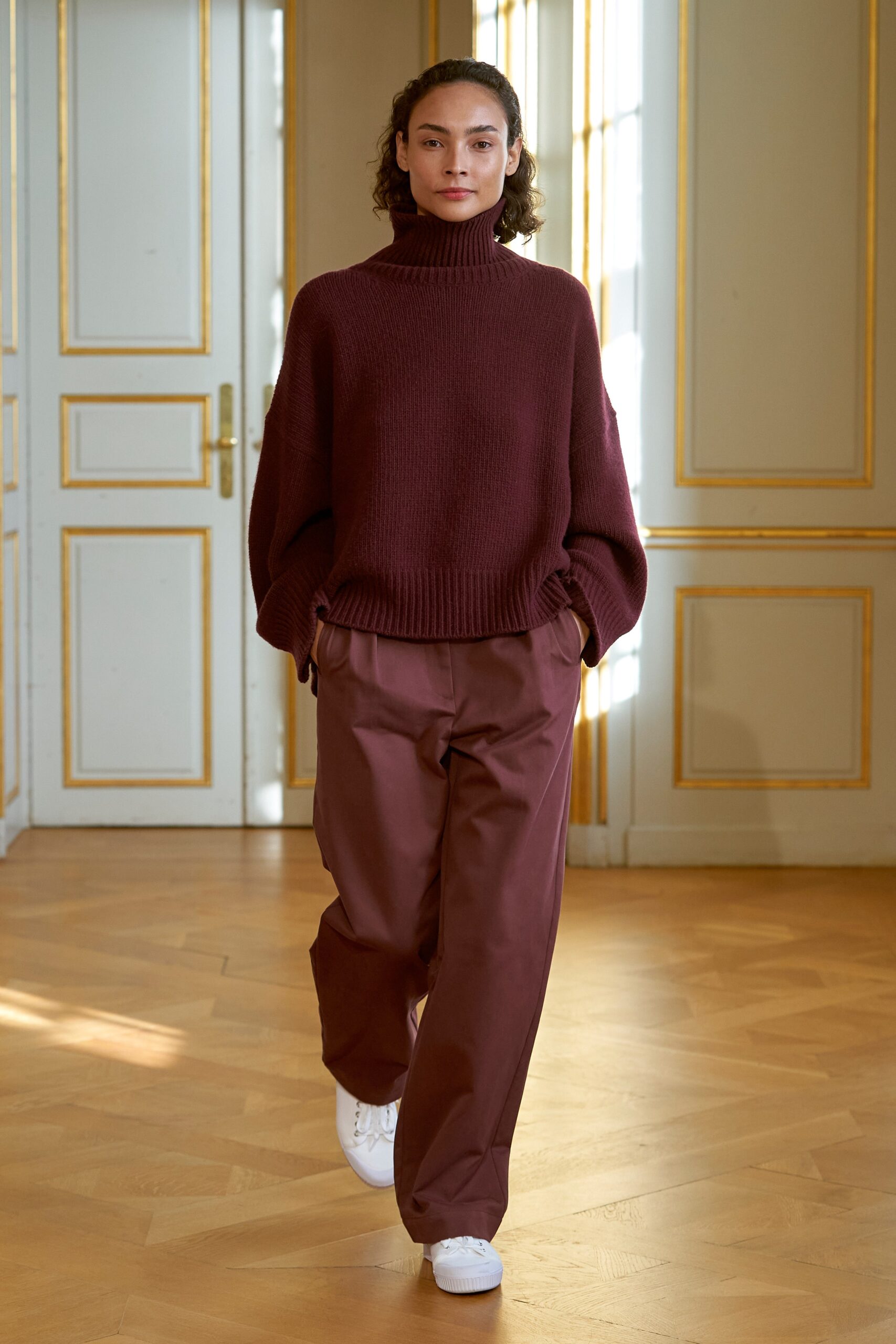 oversized maroon sweater with relaxed pants