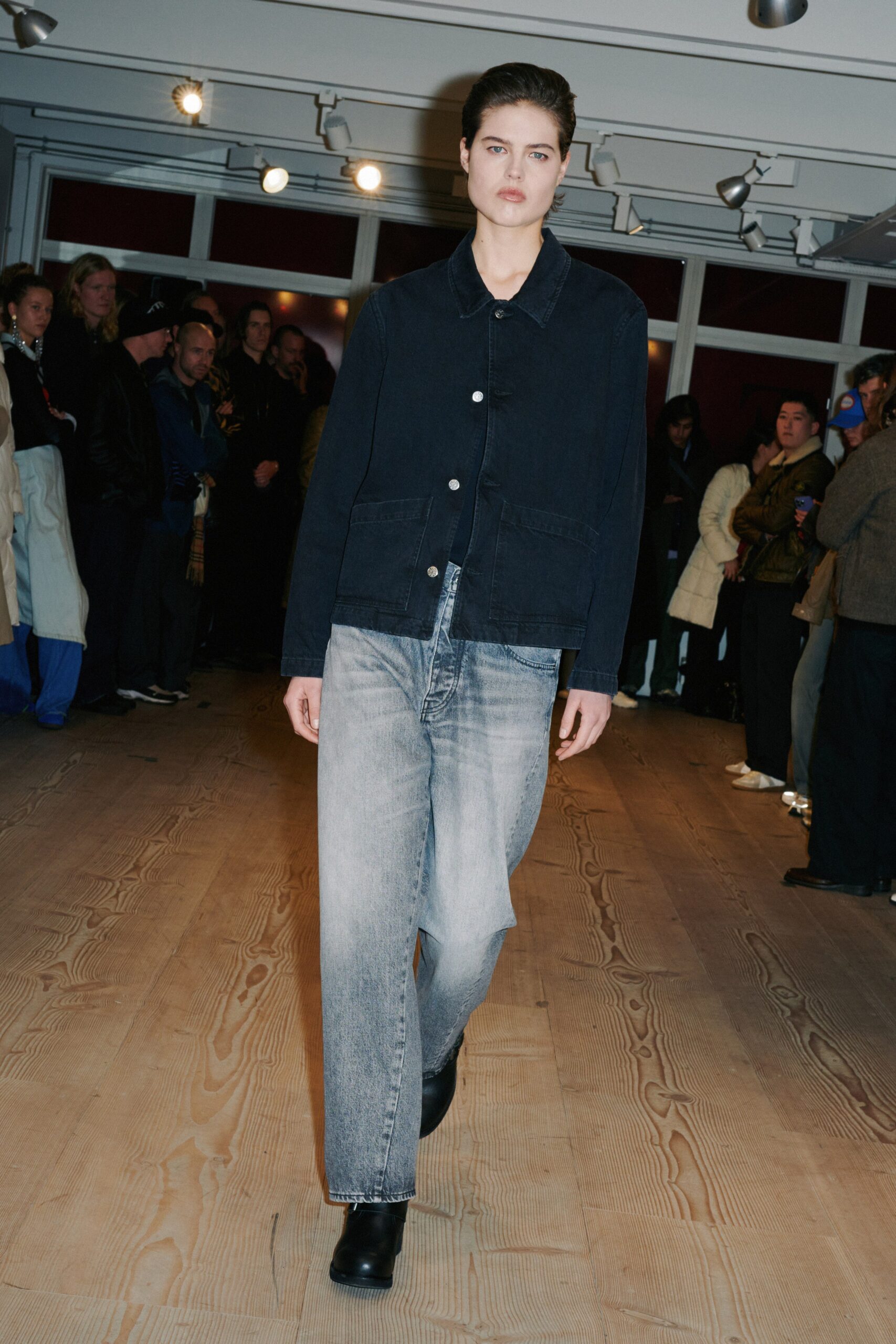 blue denim jacket with gray pants